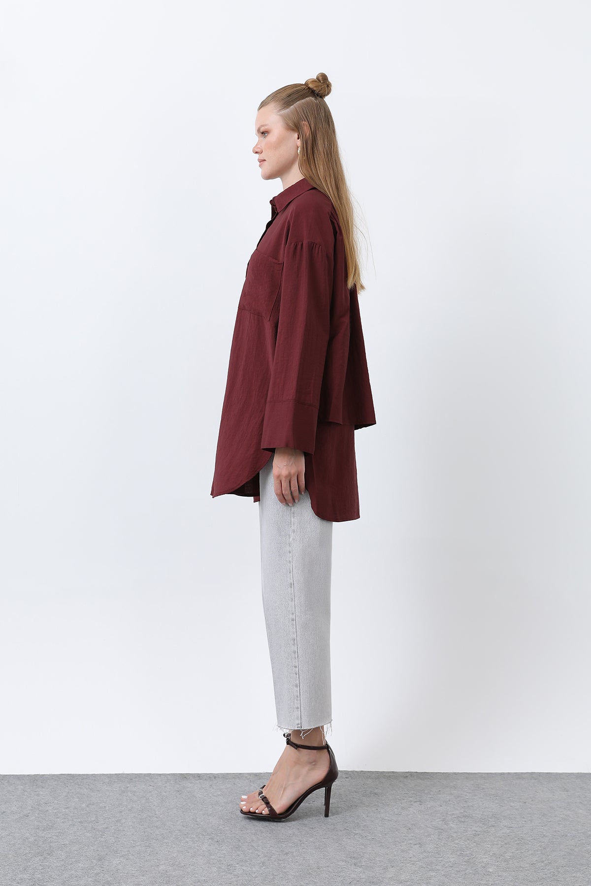 Kadın Arkası Katlı Büzgülü Gömlek - 10688GML BURGUNDY