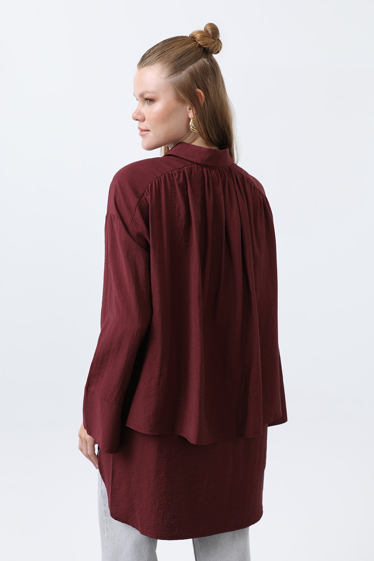 Kadın Arkası Katlı Büzgülü Gömlek - 10688GML BURGUNDY