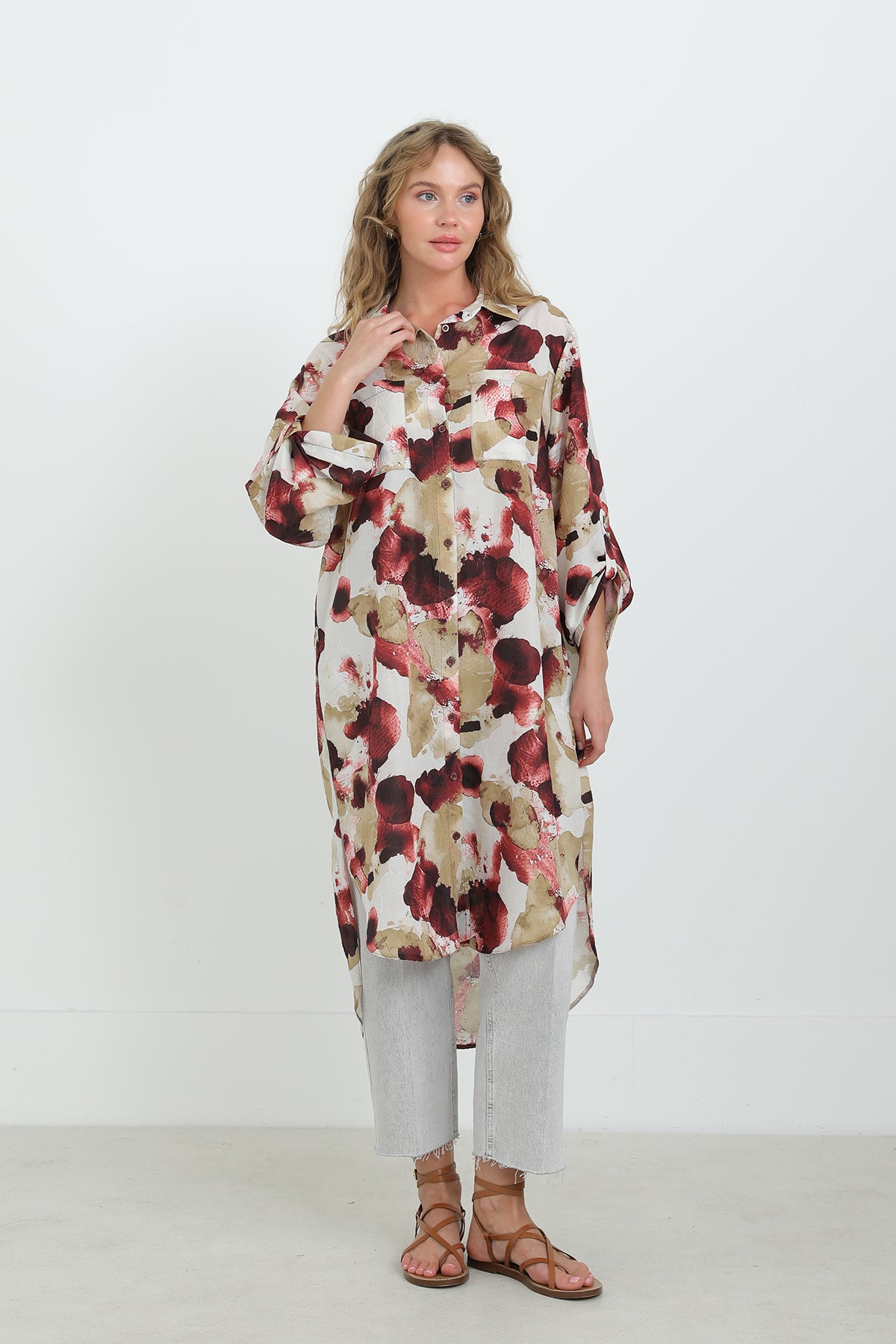 Kadın Desenli Oversize Gömlek -10702TUN BURGUNDY