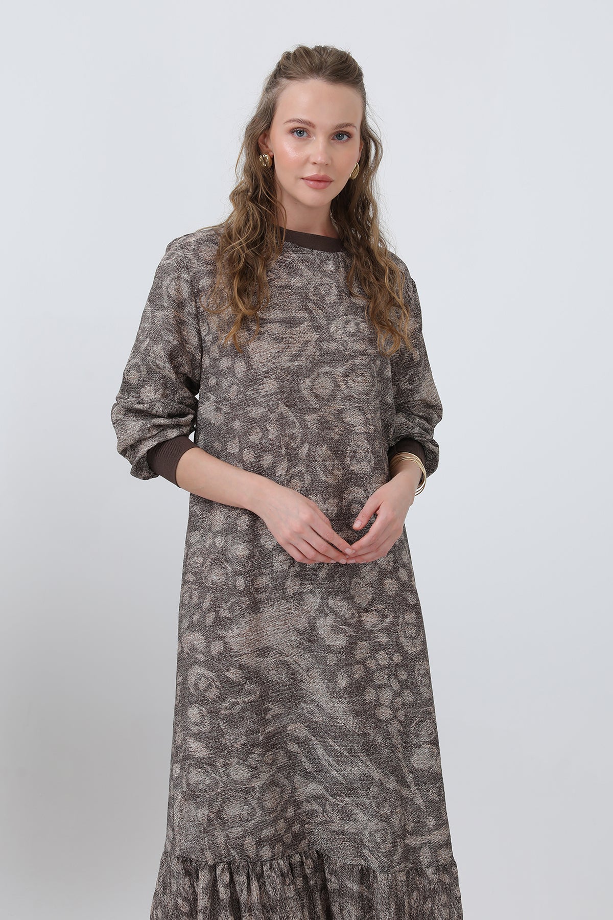 Kadın Yakası Ribanalı Desenli Elbise - 12604ELB BROWN