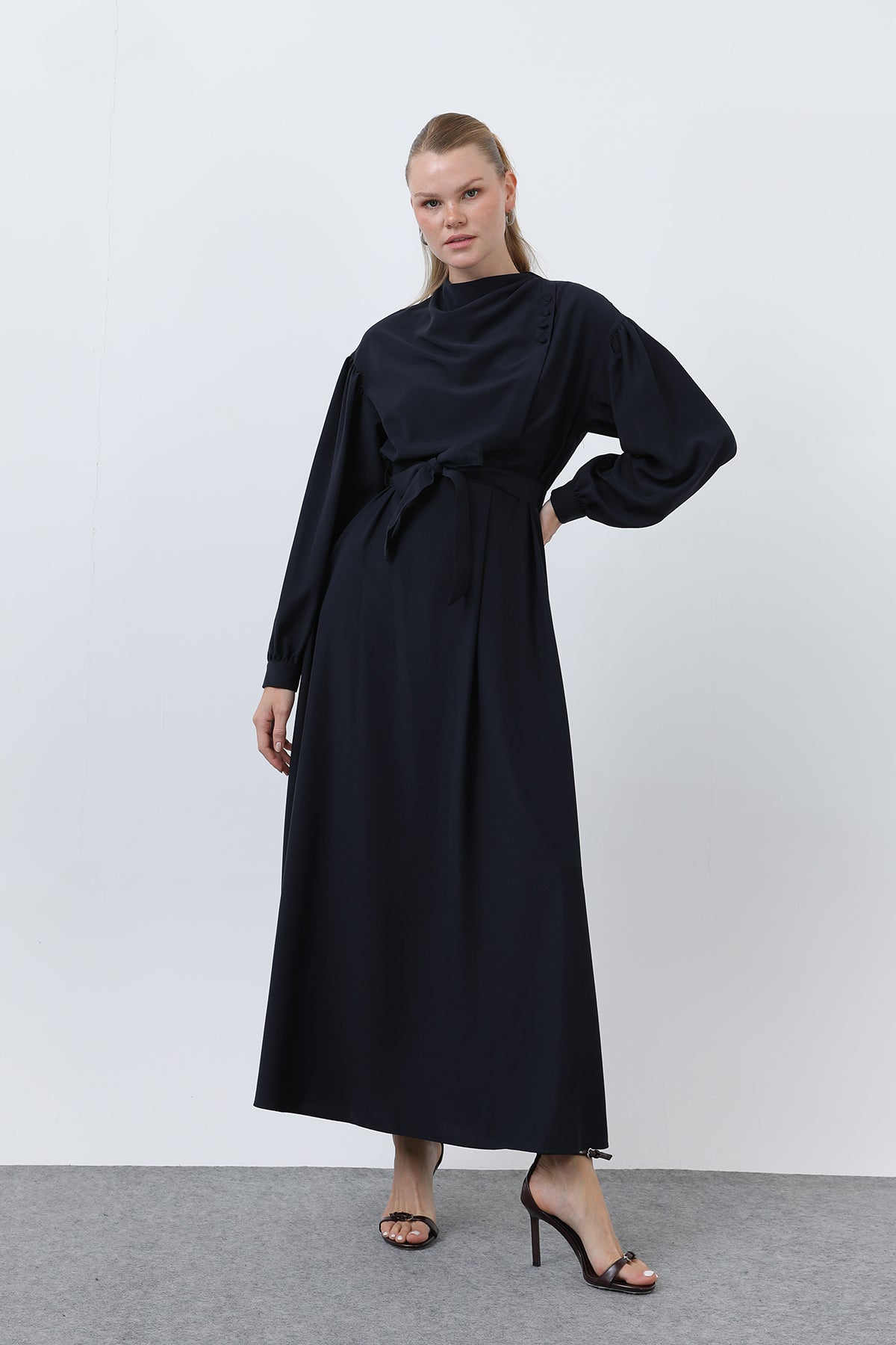 Kadın Beli Kuşaklı Saten Elbise - 12608ELB BLACK