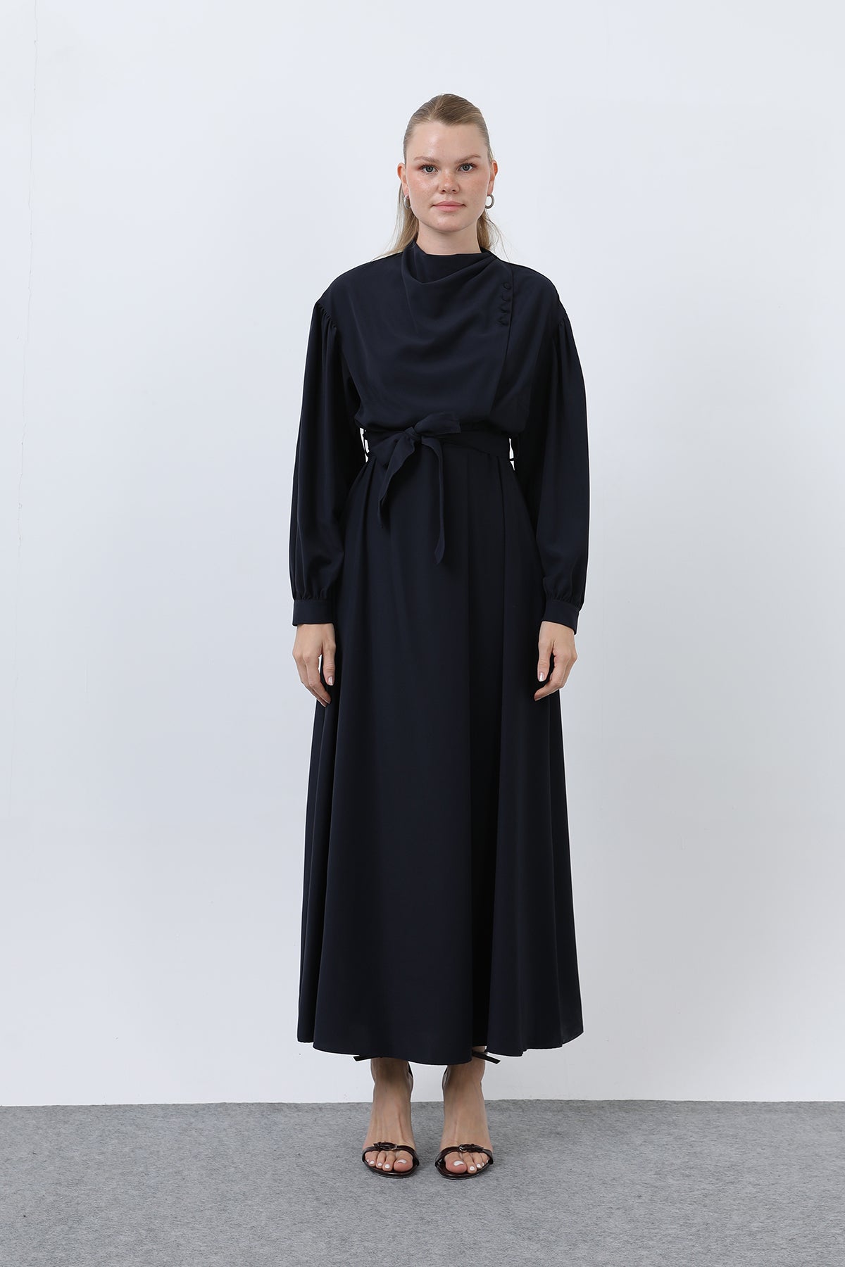 Kadın Beli Kuşaklı Saten Elbise - 12608ELB BLACK