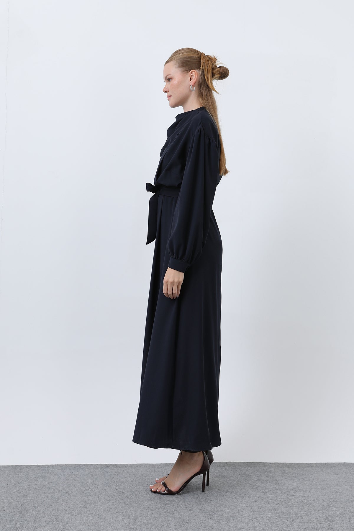 Kadın Beli Kuşaklı Saten Elbise - 12608ELB BLACK