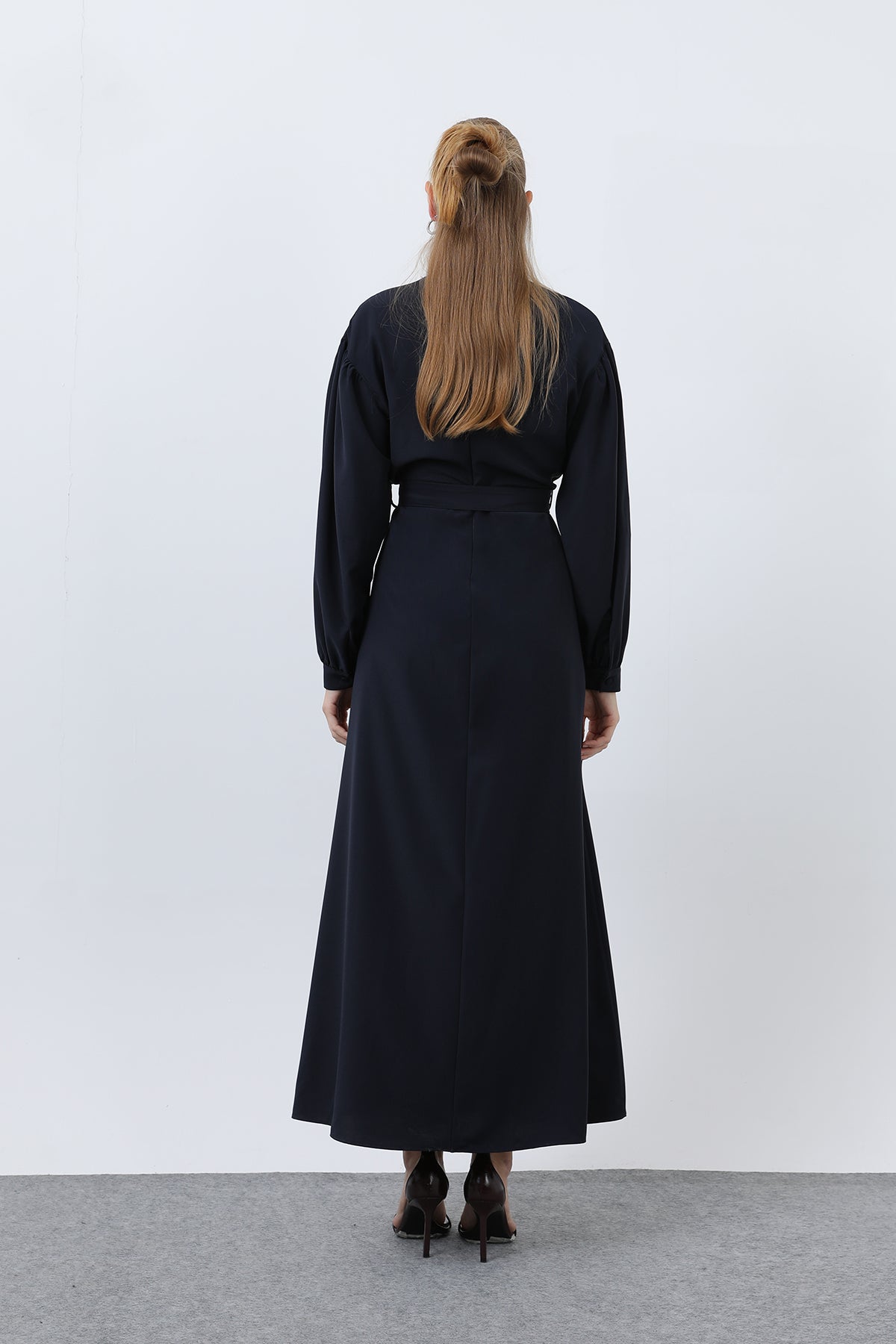 Kadın Beli Kuşaklı Saten Elbise - 12608ELB BLACK