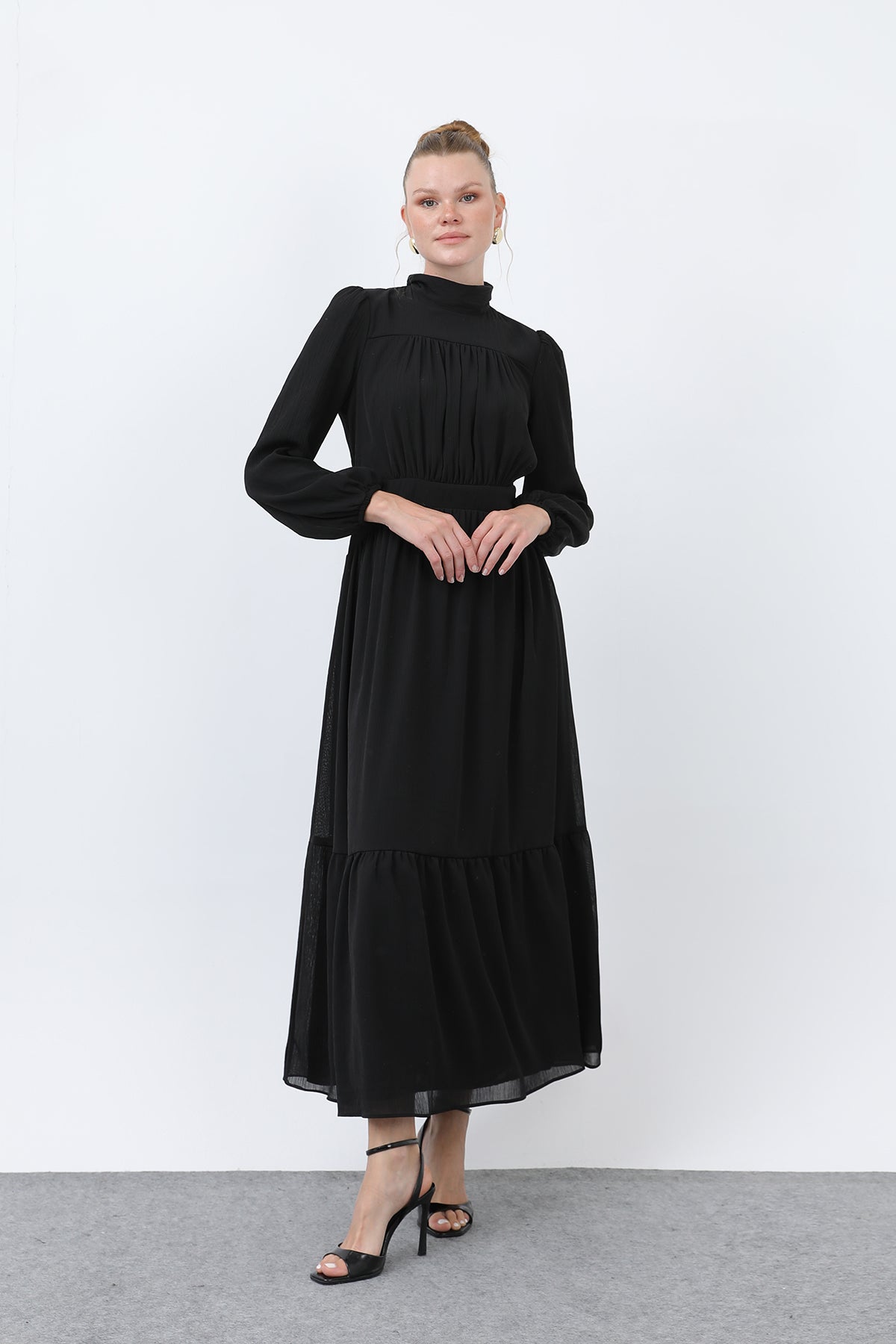 Kadın Drape Detaylı Yüksek Yaka Elbise - 12613ELB BLACK