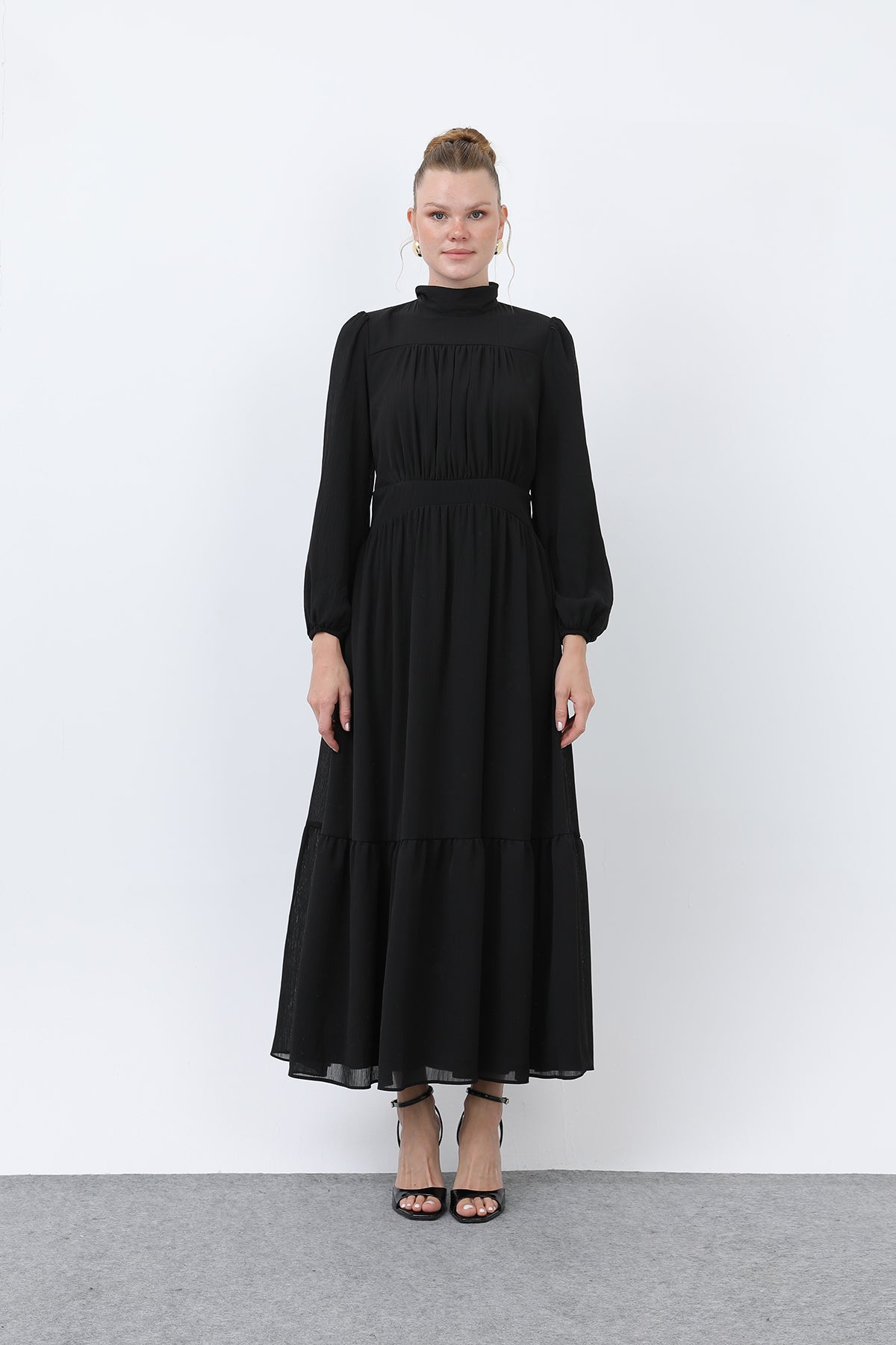 Kadın Drape Detaylı Yüksek Yaka Elbise - 12613ELB BLACK