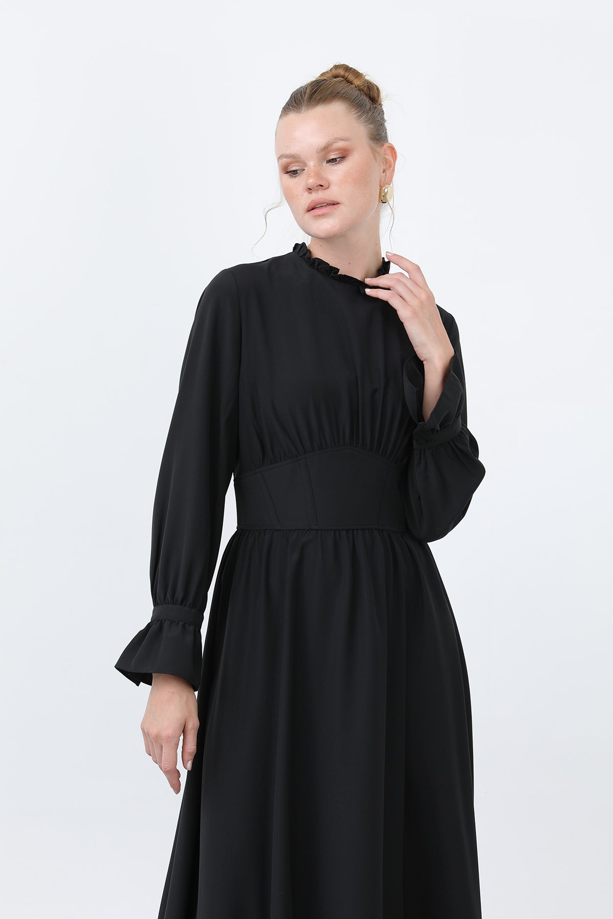 Kadın Beli Korsajlı Yakasıl Detaylı Elbise -12614ELB BLACK