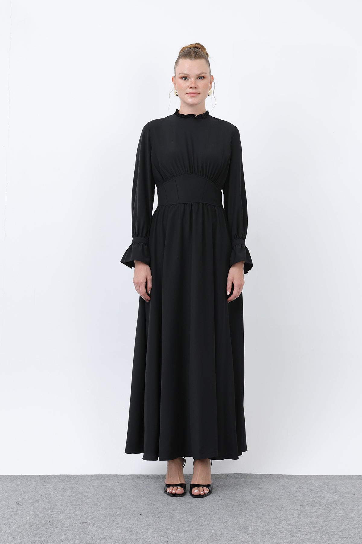 Kadın Beli Korsajlı Yakasıl Detaylı Elbise -12614ELB BLACK