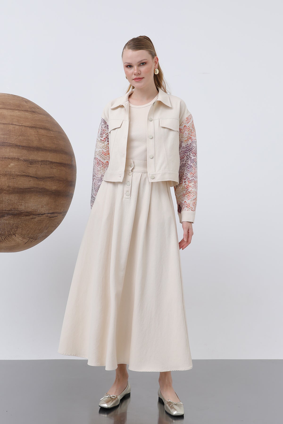 Kadın Kolları Desenli Etekli Takım - 14311TKS BEIGE-ORANGE