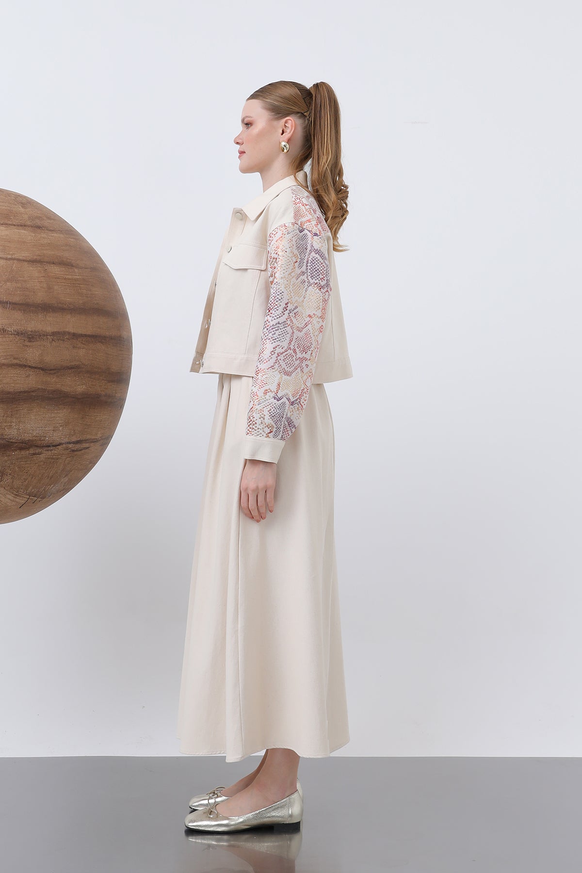 Kadın Kolları Desenli Etekli Takım - 14311TKS BEIGE-ORANGE