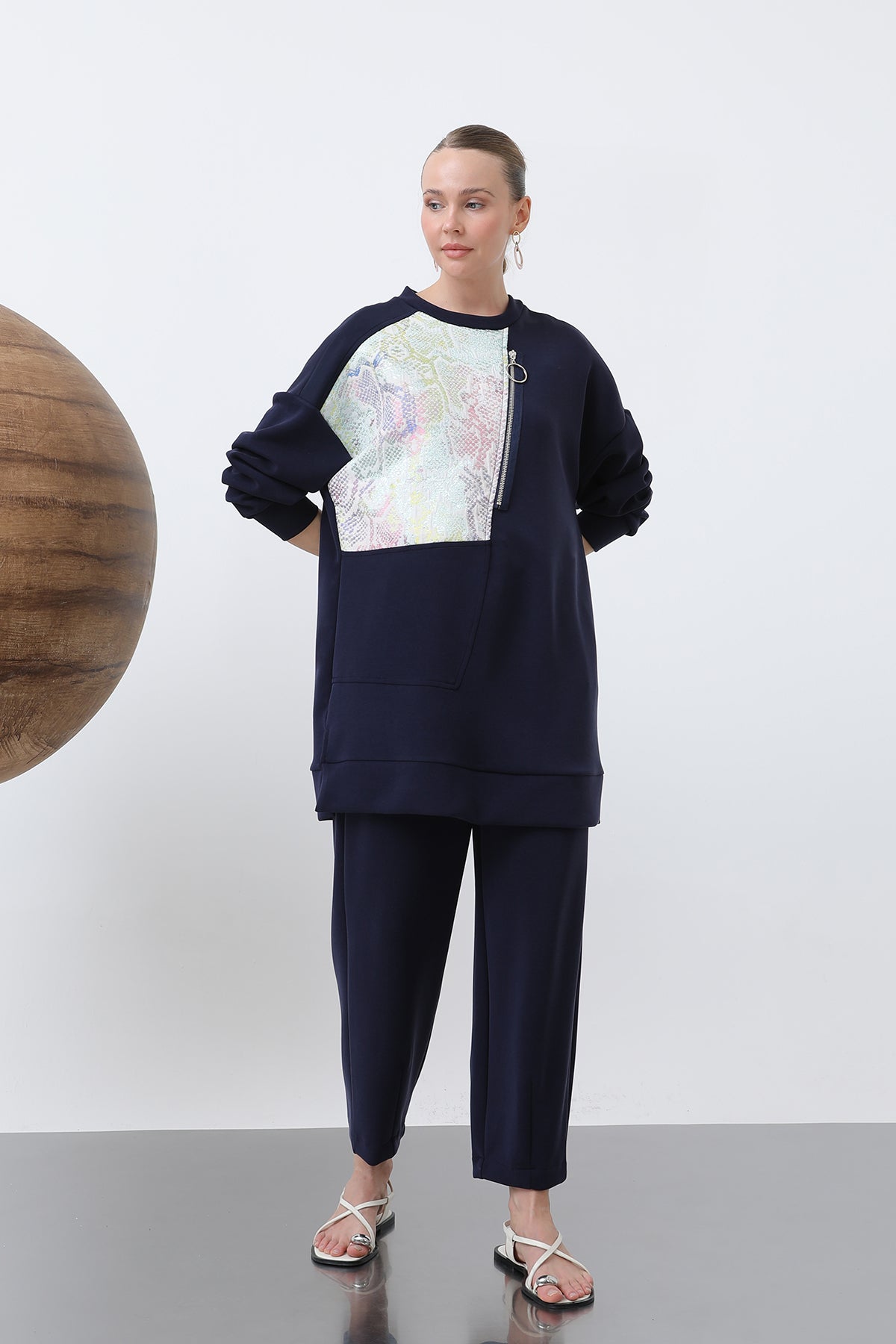 Kadın Önü Jakarlı Fermuar Detaylı Pantolonlu Takım - 14312TKS NAVY-BLUE