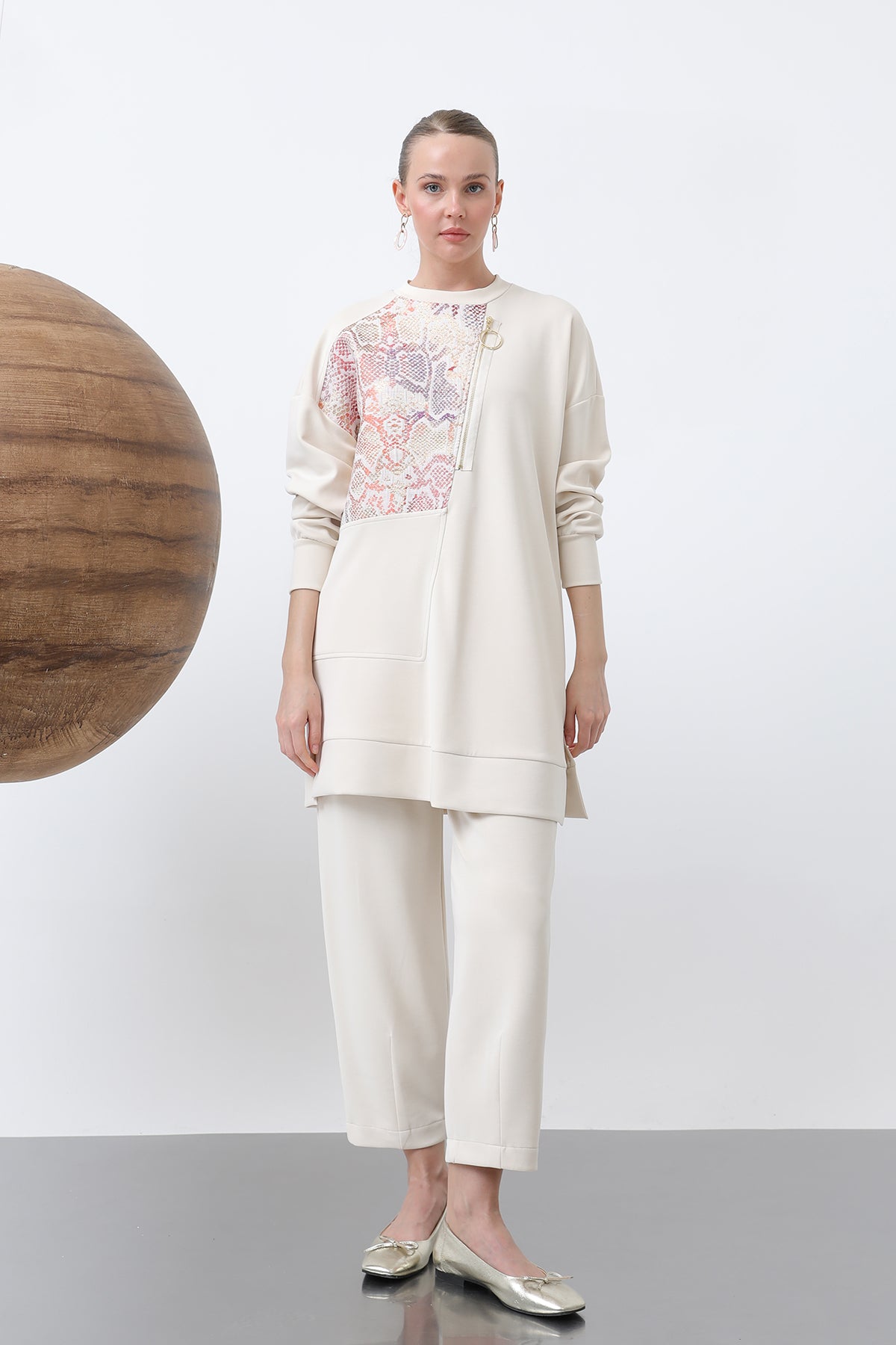 Kadın Önü Jakarlı Fermuar Detaylı Pantolonlu Takım - 14312TKS SAND BEIGE-ORANGE