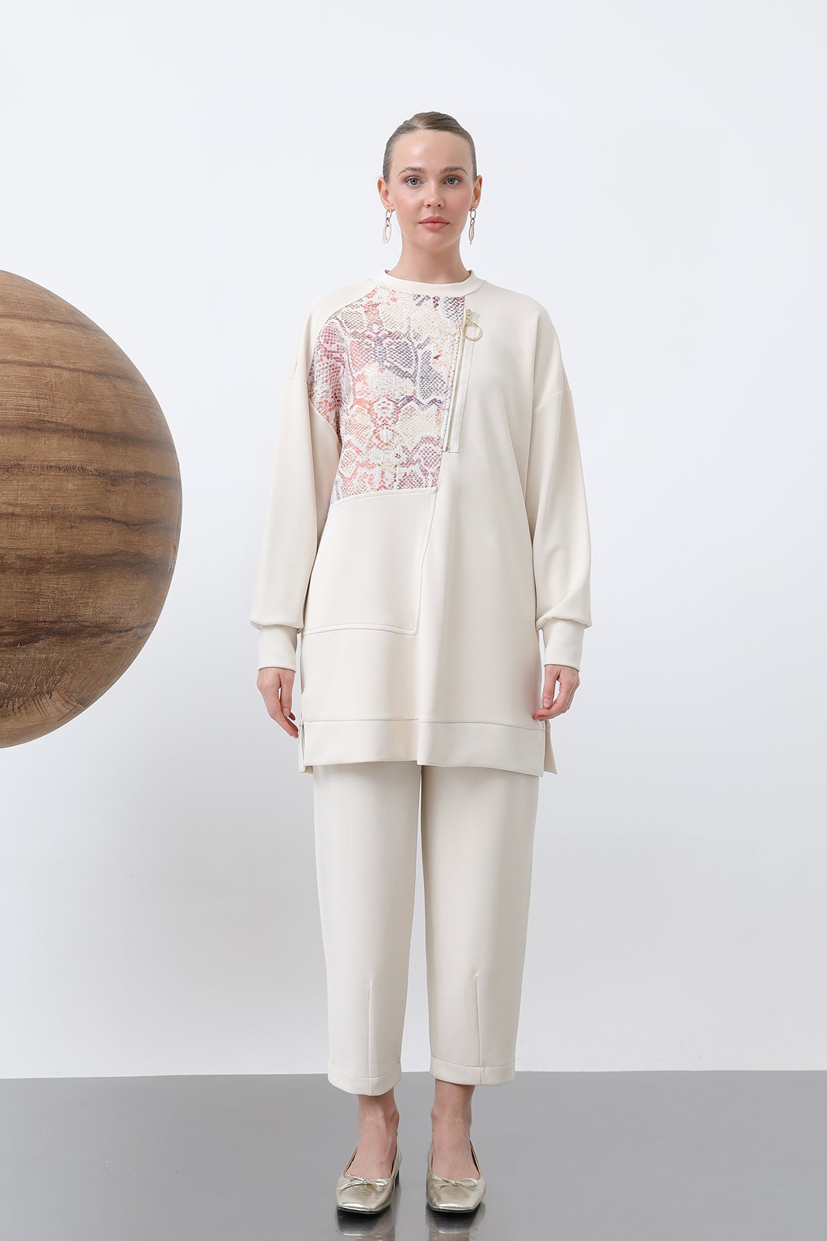 Kadın Önü Jakarlı Fermuar Detaylı Pantolonlu Takım - 14312TKS SAND BEIGE-ORANGE
