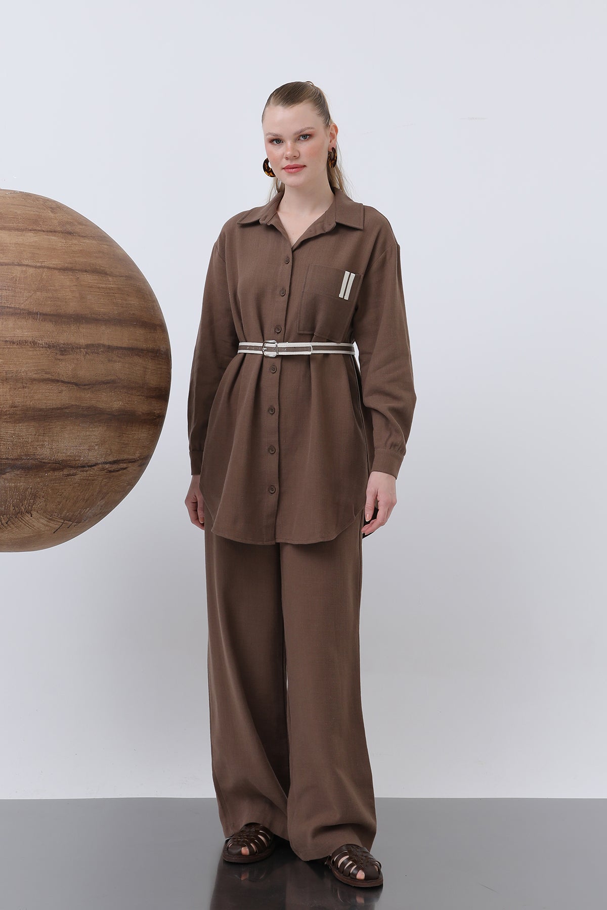 Kadın Beli Büzgülü Ve Cep Detaylı Gömlek Ve Pantolonlu Takım - 14313TKS BROWN