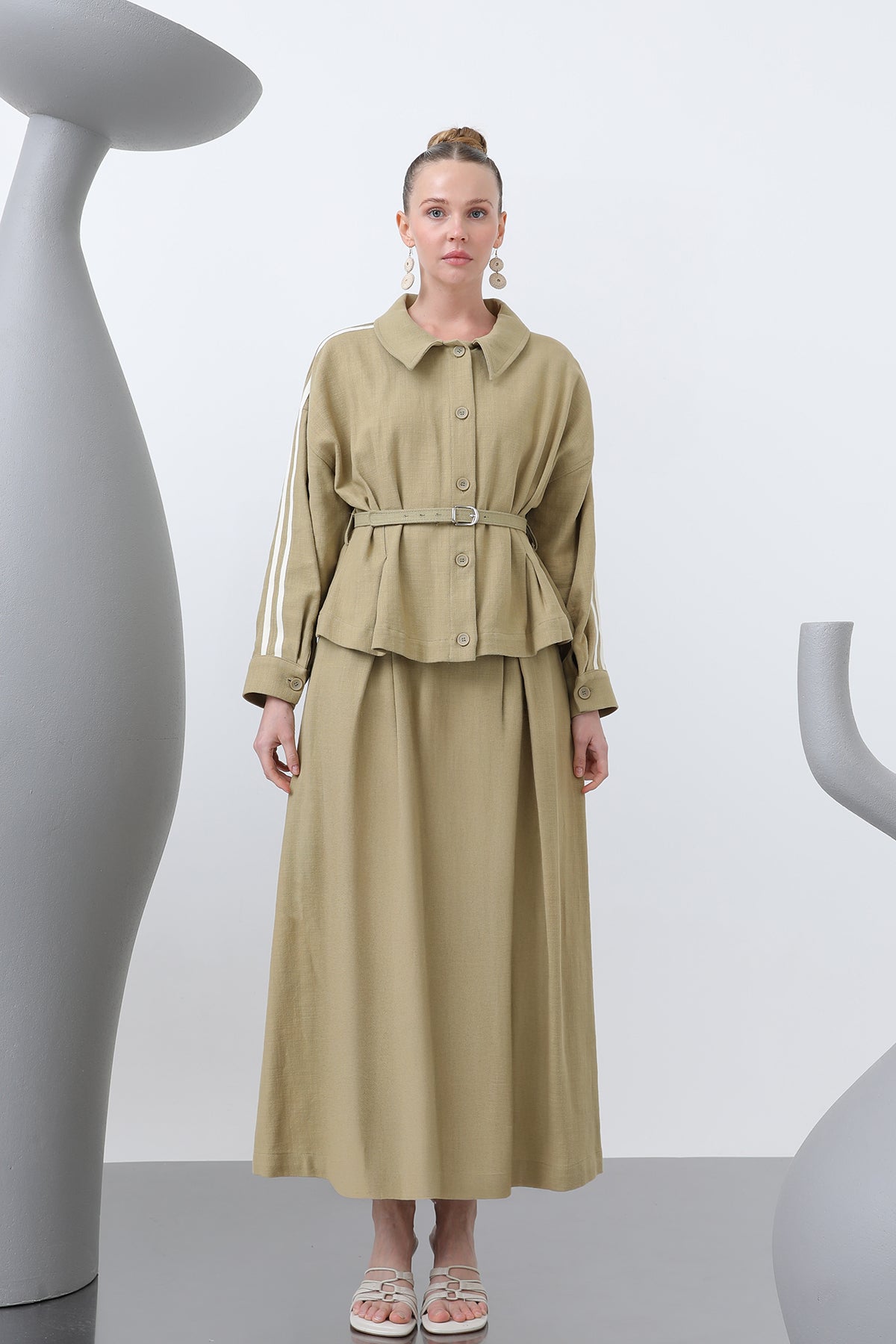 Kadın Beli Kemerli Etekli Takım - 14314TKS LIGHT KHAKI