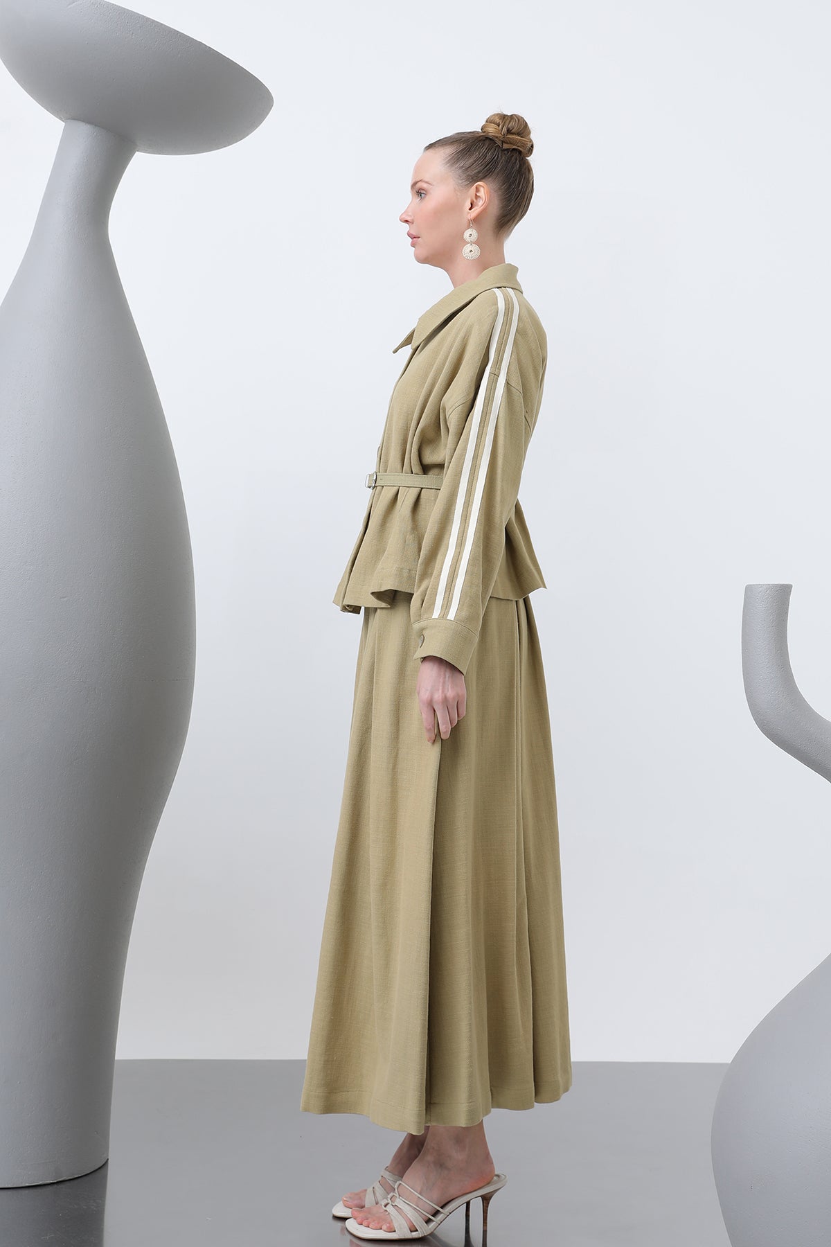 Kadın Beli Kemerli Etekli Takım - 14314TKS LIGHT KHAKI