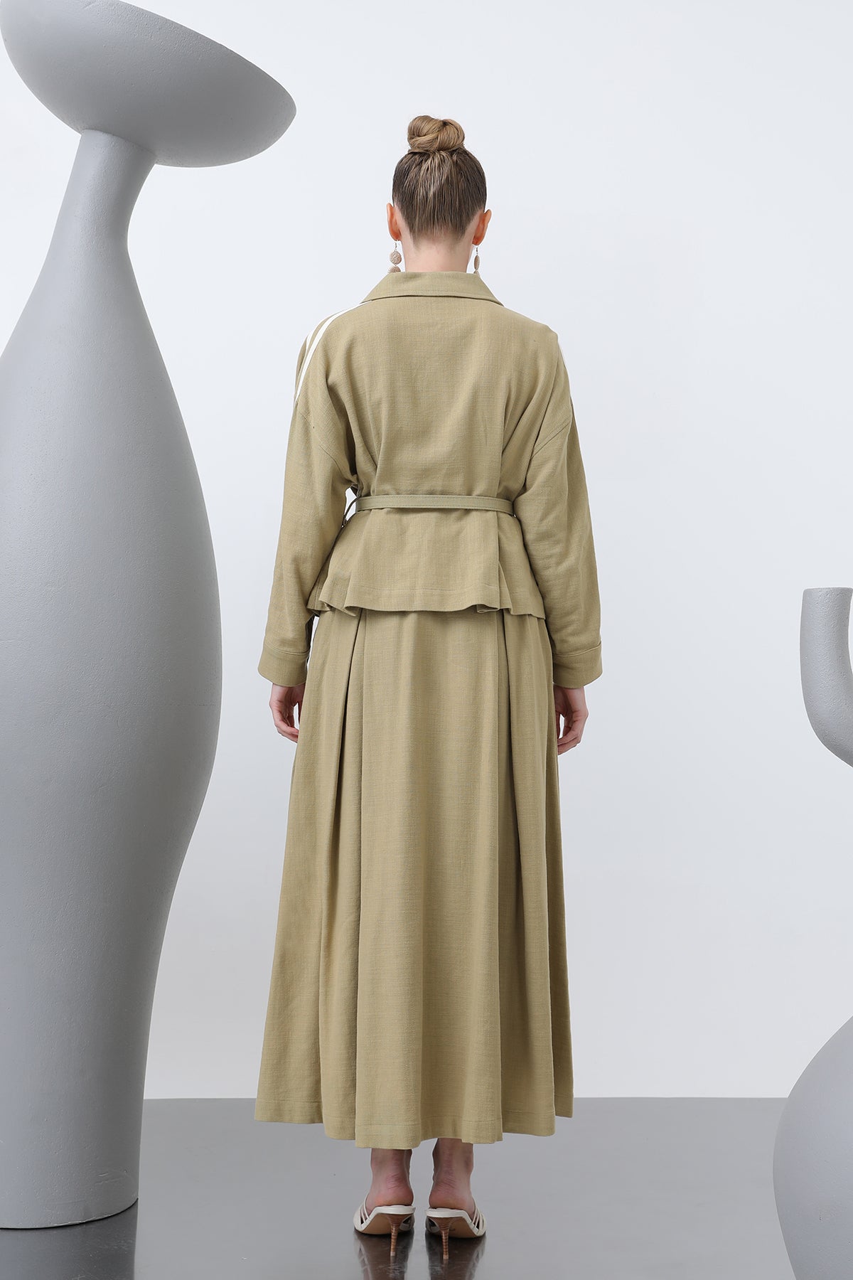 Kadın Beli Kemerli Etekli Takım - 14314TKS LIGHT KHAKI