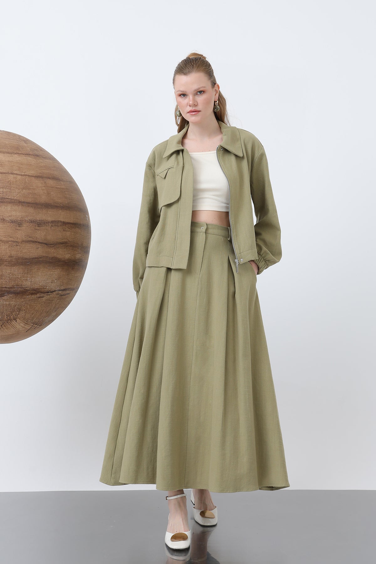Kadın Gizli Patlı Fermuarlı Etekli Takım - 14315TKS LIGHT KHAKI