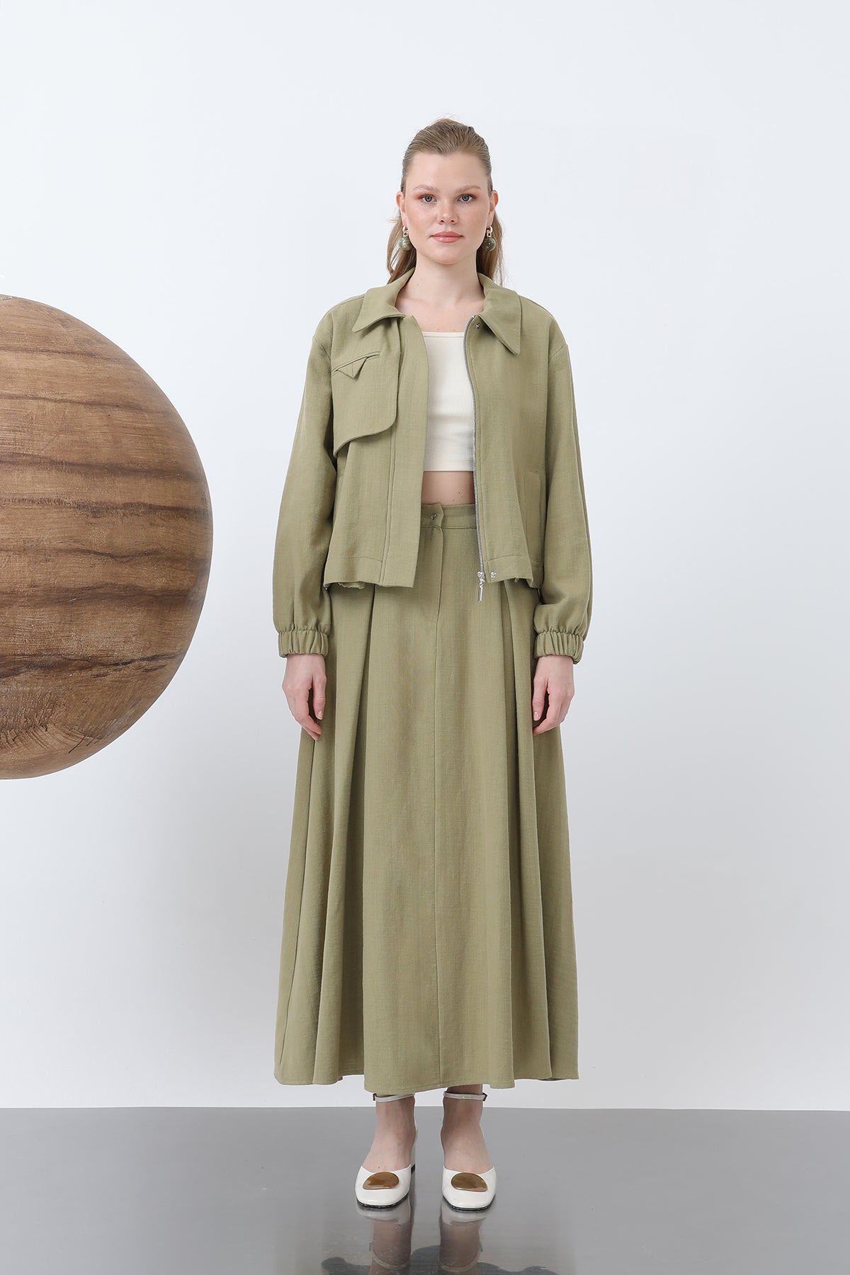 Kadın Gizli Patlı Fermuarlı Etekli Takım - 14315TKS LIGHT KHAKI