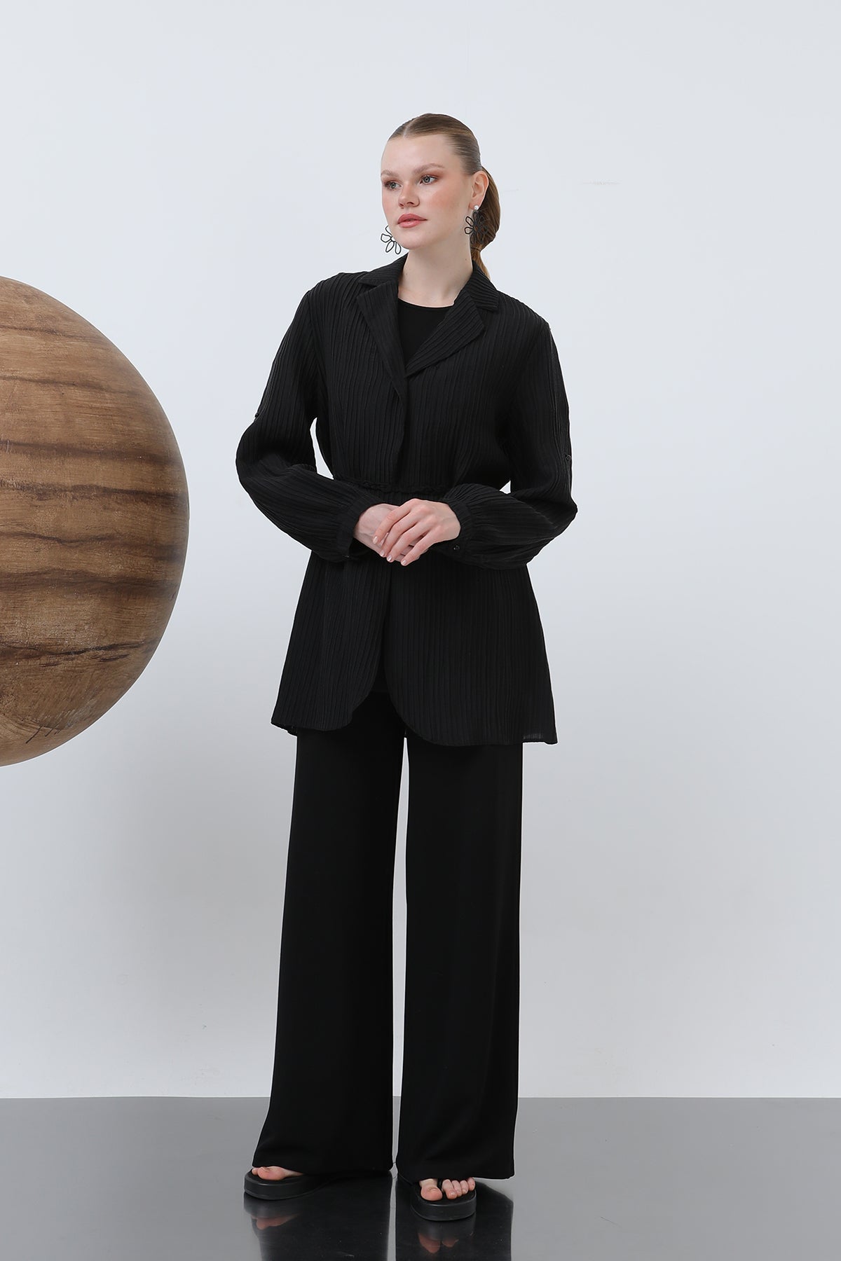 Kadın Beli Kuşaklı Pantolonlu Takım - 14316TKS BLACK