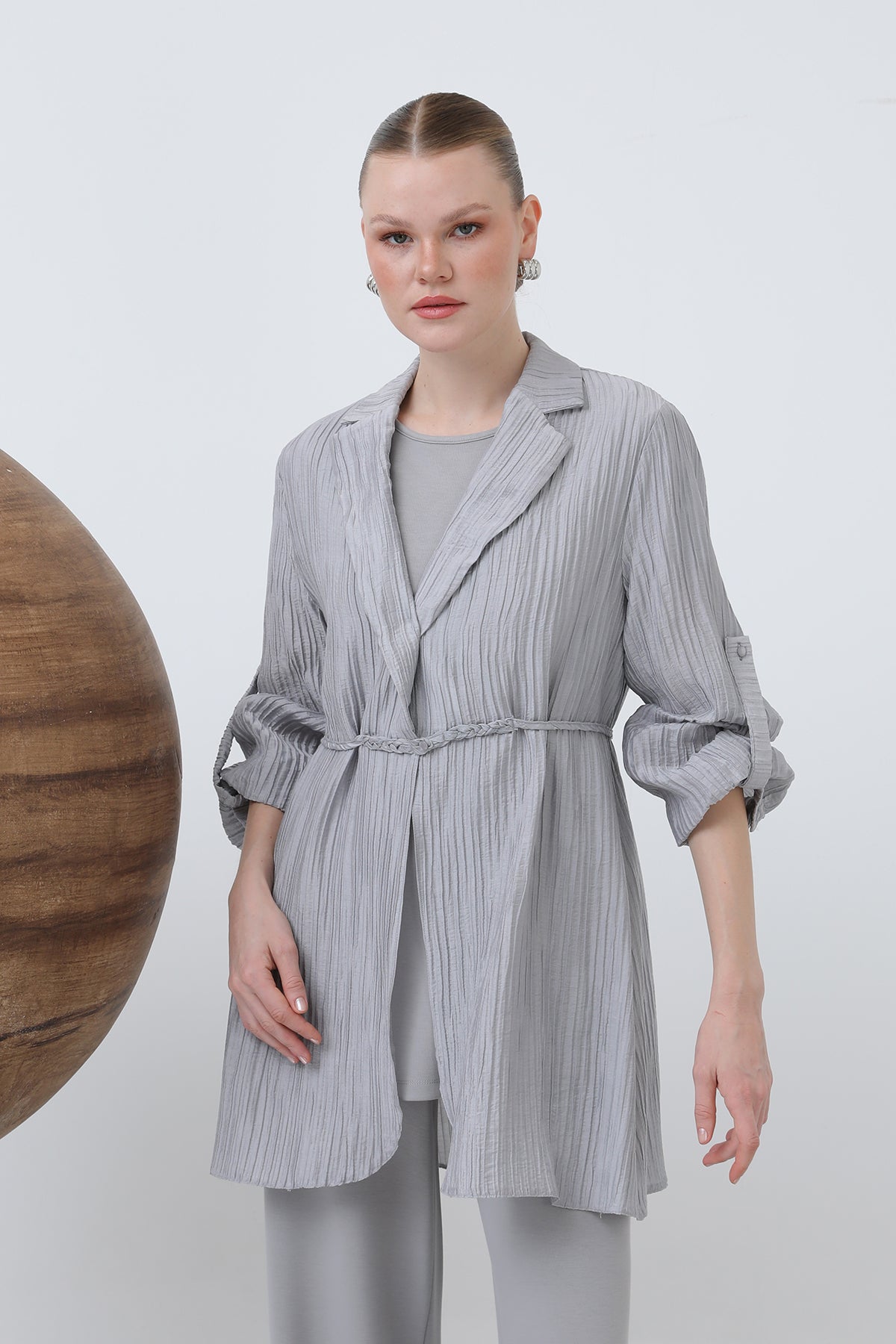Kadın Beli Kuşaklı Pantolonlu Takım - 14316TKS GREY