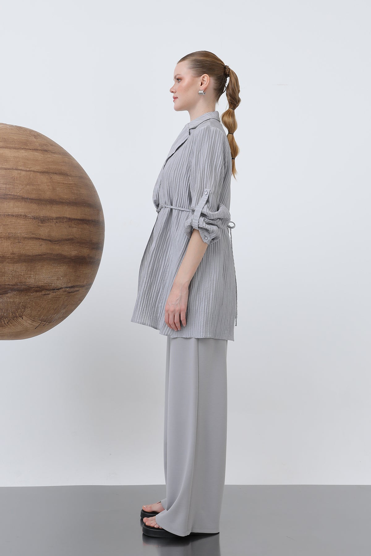 Kadın Beli Kuşaklı Pantolonlu Takım - 14316TKS GREY