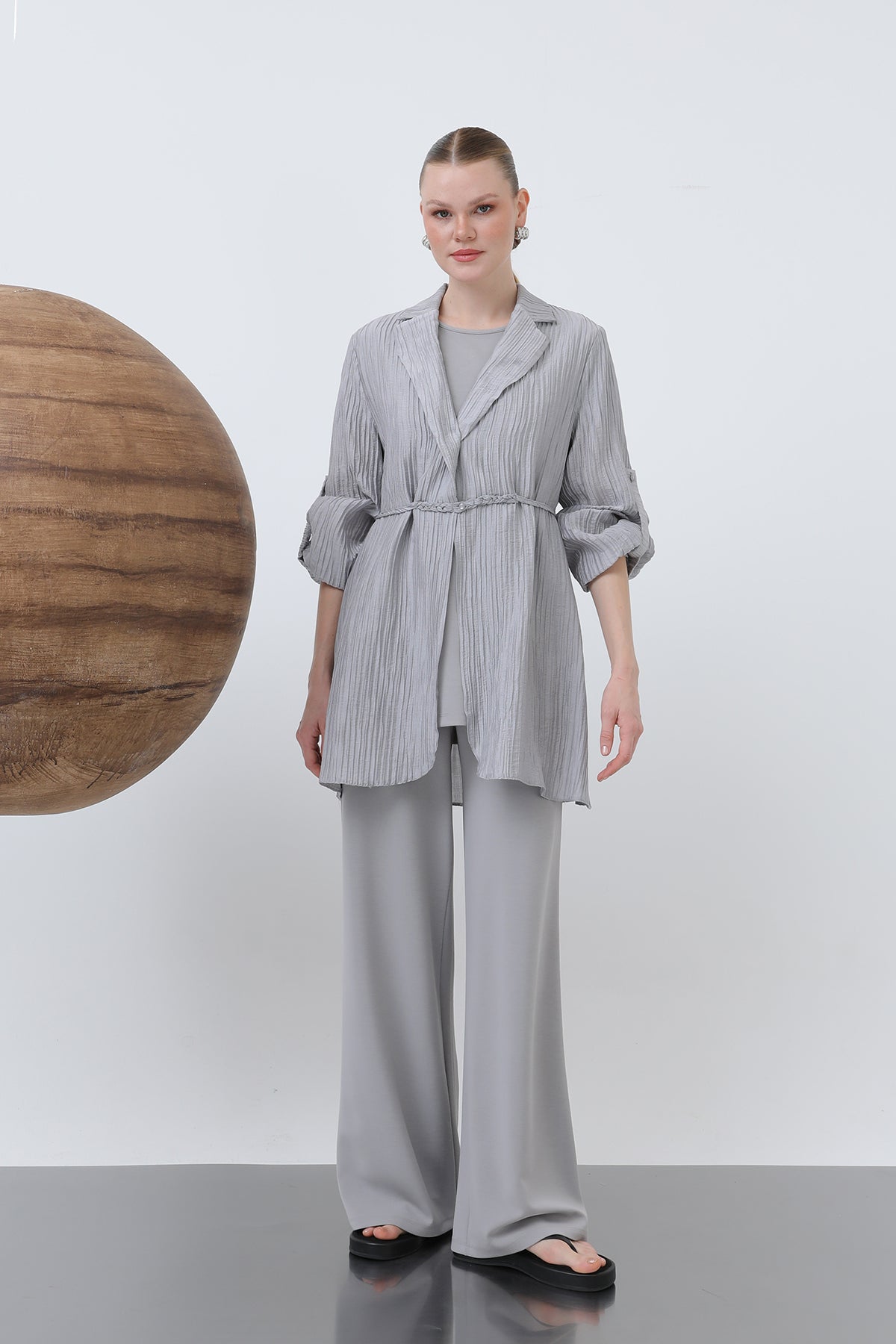 Kadın Beli Kuşaklı Pantolonlu Takım - 14316TKS GREY