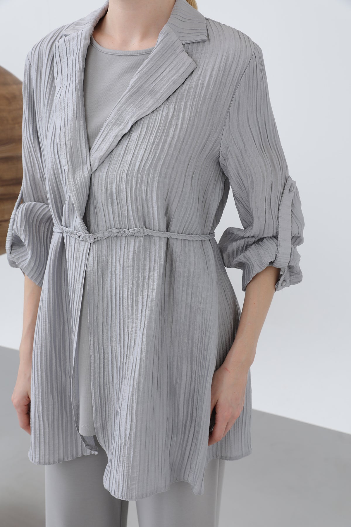Kadın Beli Kuşaklı Pantolonlu Takım - 14316TKS GREY