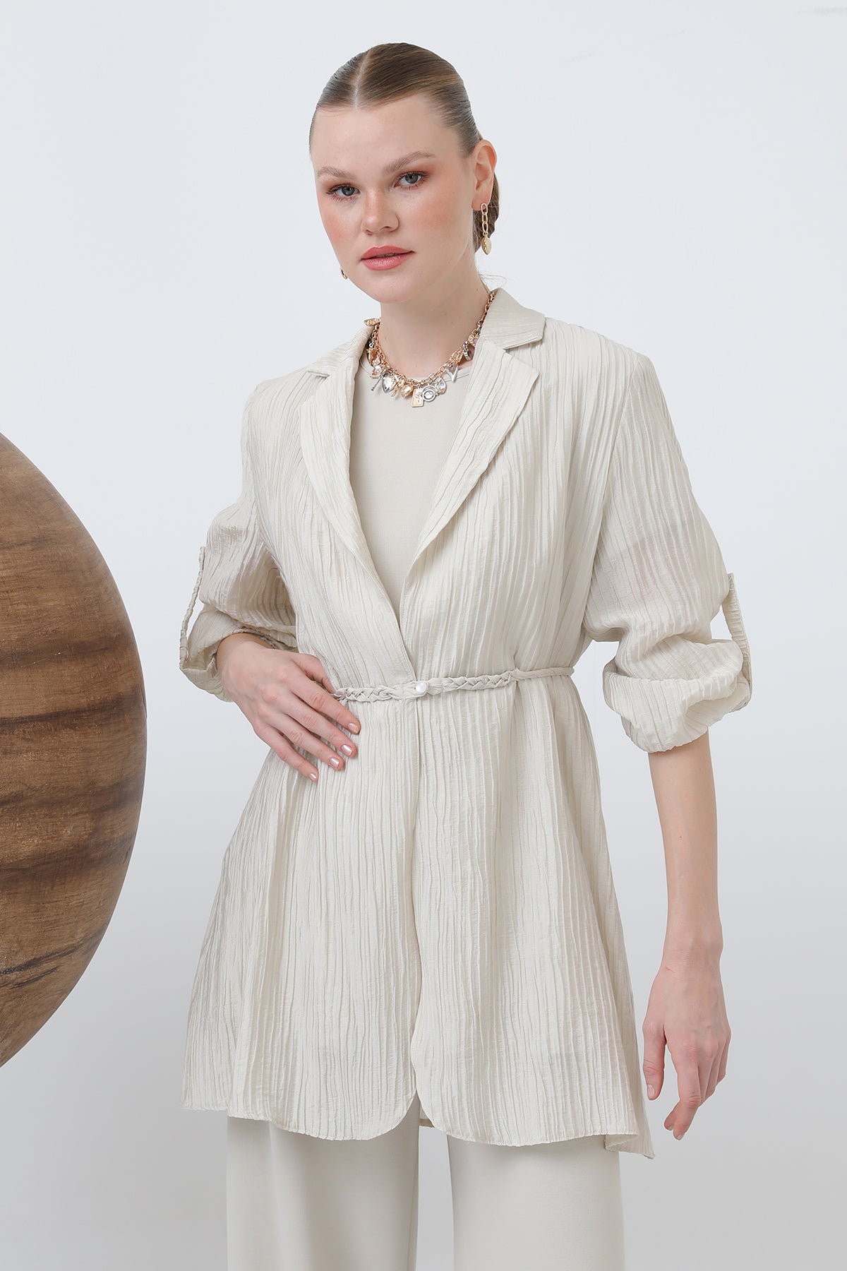 Kadın Beli Kuşaklı Pantolonlu Takım - 14316TKS STONE