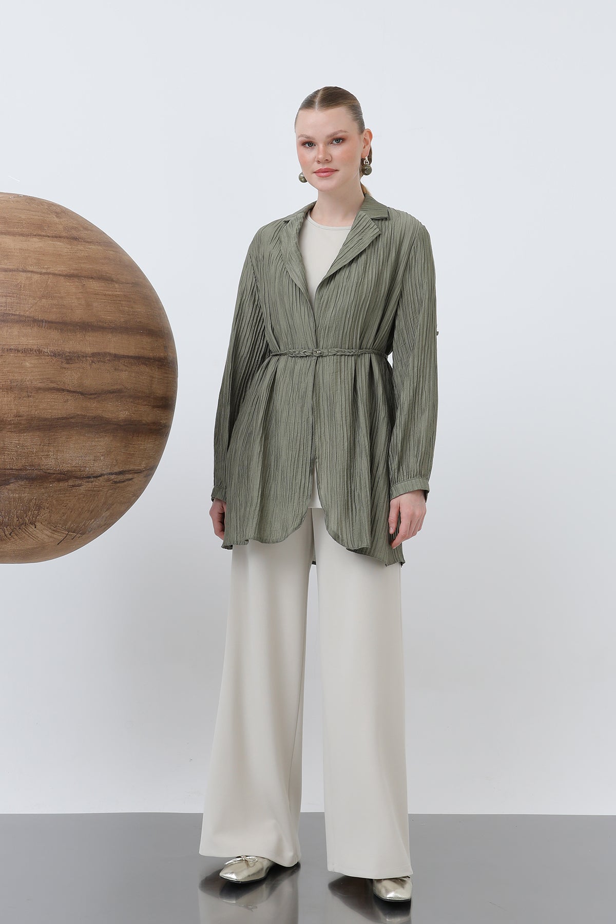 Kadın Beli Kuşaklı Pantolonlu Takım - 14316TKS STONE-KHAKİ
