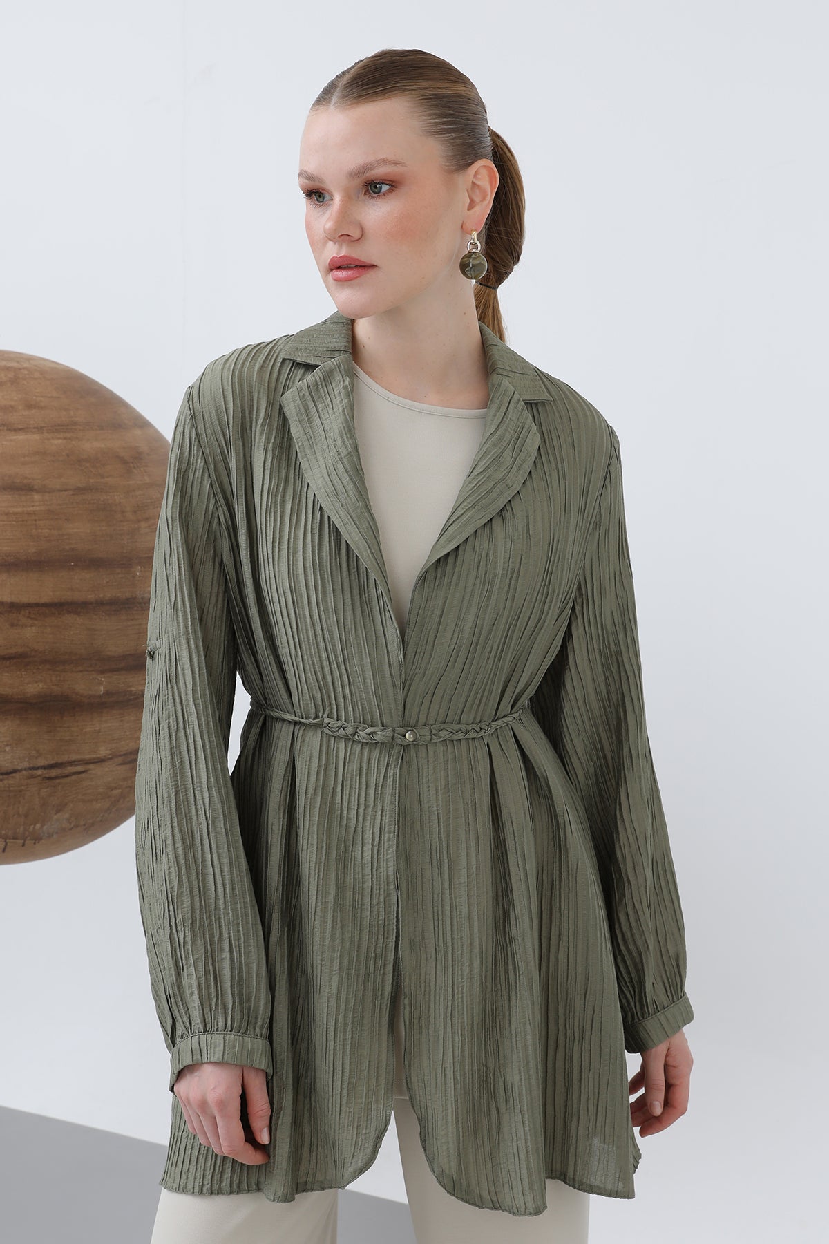 Kadın Beli Kuşaklı Pantolonlu Takım - 14316TKS STONE-KHAKİ
