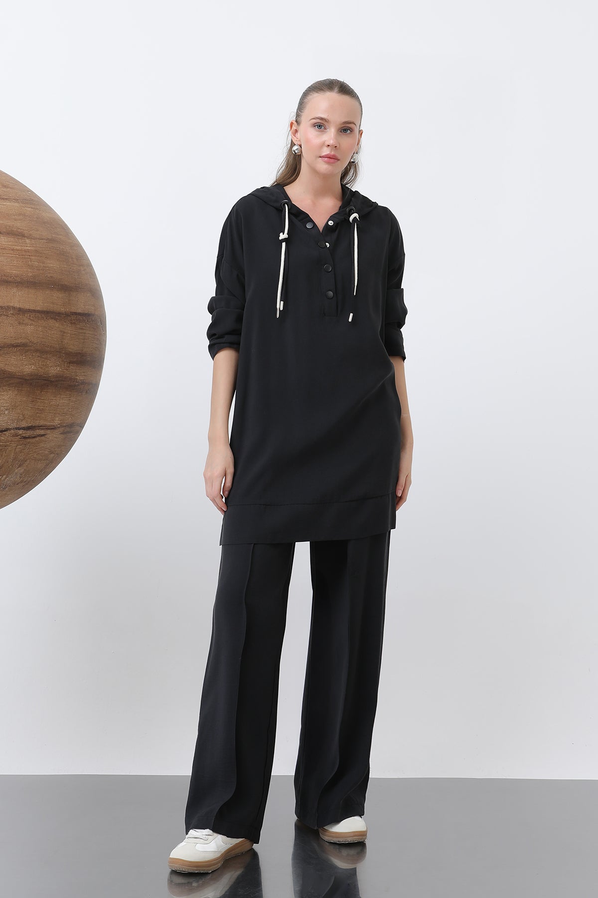 Kadın Önü Çıtçıt Ve Kordon Detaylı Pantolonlu Takım - 14319TKS BLACK