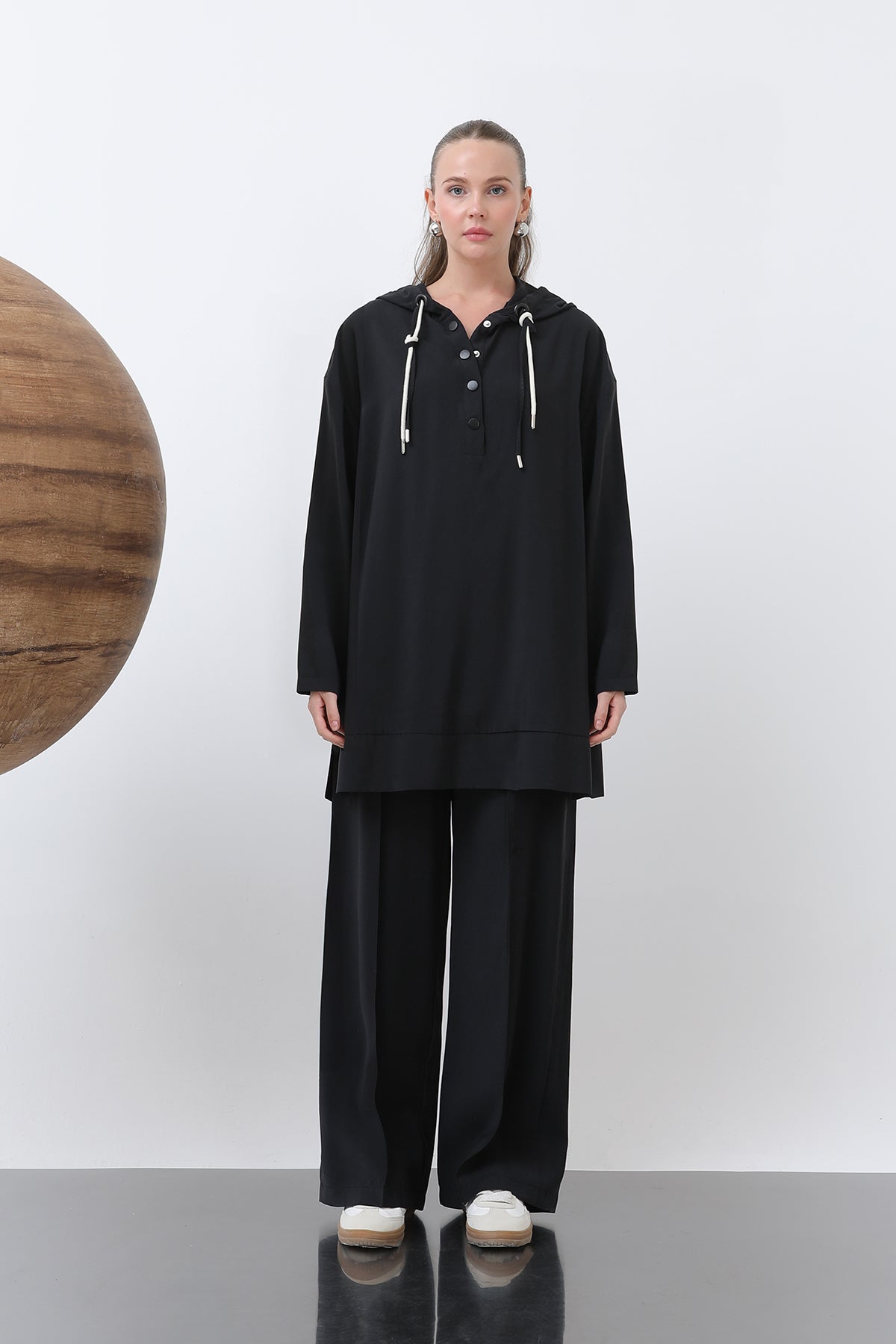 Kadın Önü Çıtçıt Ve Kordon Detaylı Pantolonlu Takım - 14319TKS BLACK