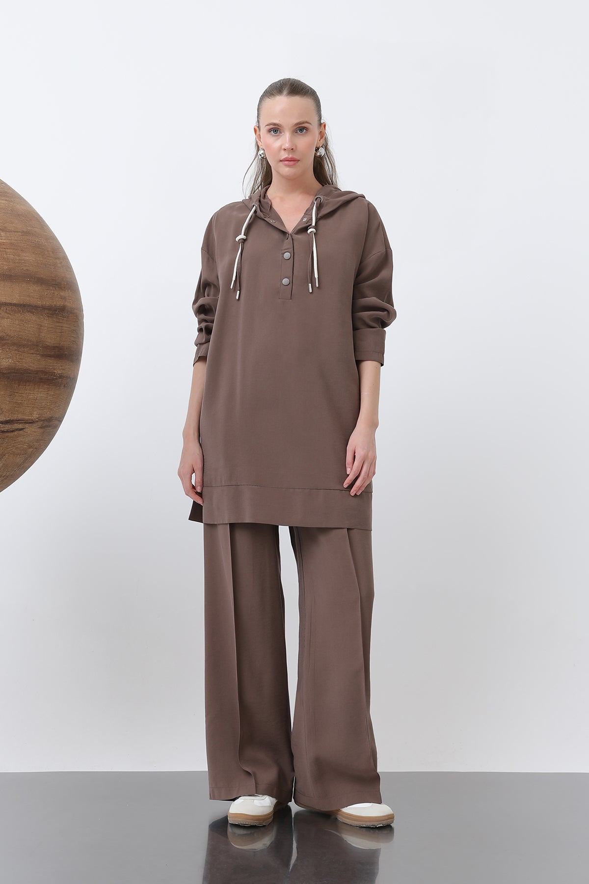 Kadın Önü Çıtçıt Ve Kordon Detaylı Pantolonlu Takım - 14319TKS BROWN