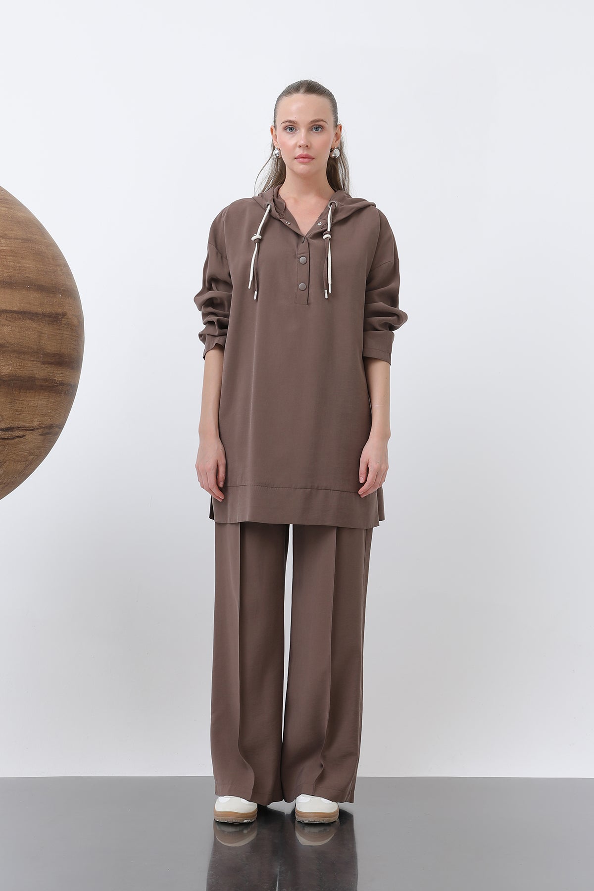 Kadın Önü Çıtçıt Ve Kordon Detaylı Pantolonlu Takım - 14319TKS BROWN