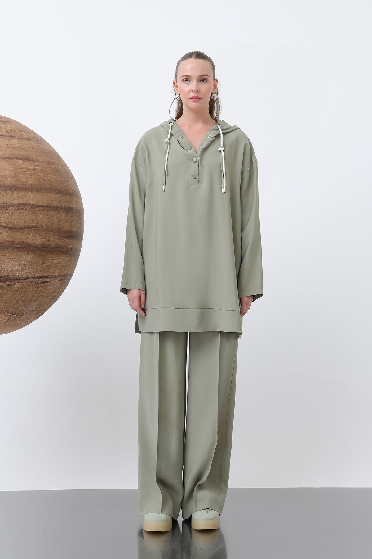 Kadın Önü Çıtçıt Ve Kordon Detaylı Pantolonlu Takım - 14319TKS KHAKI