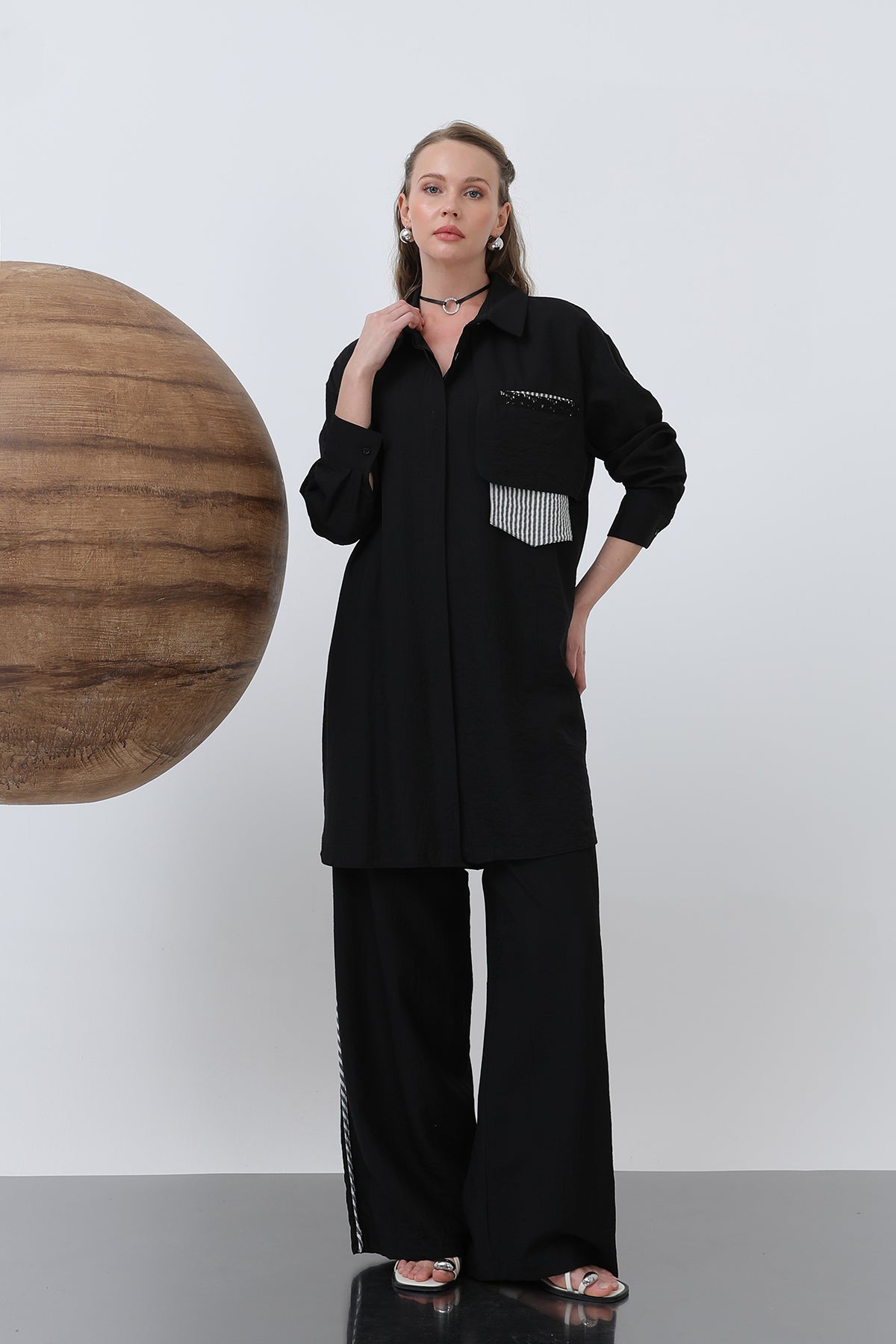 Kadın Omuz Garni Detaylı Pantolonlu Takım - 14322TKM BLACK