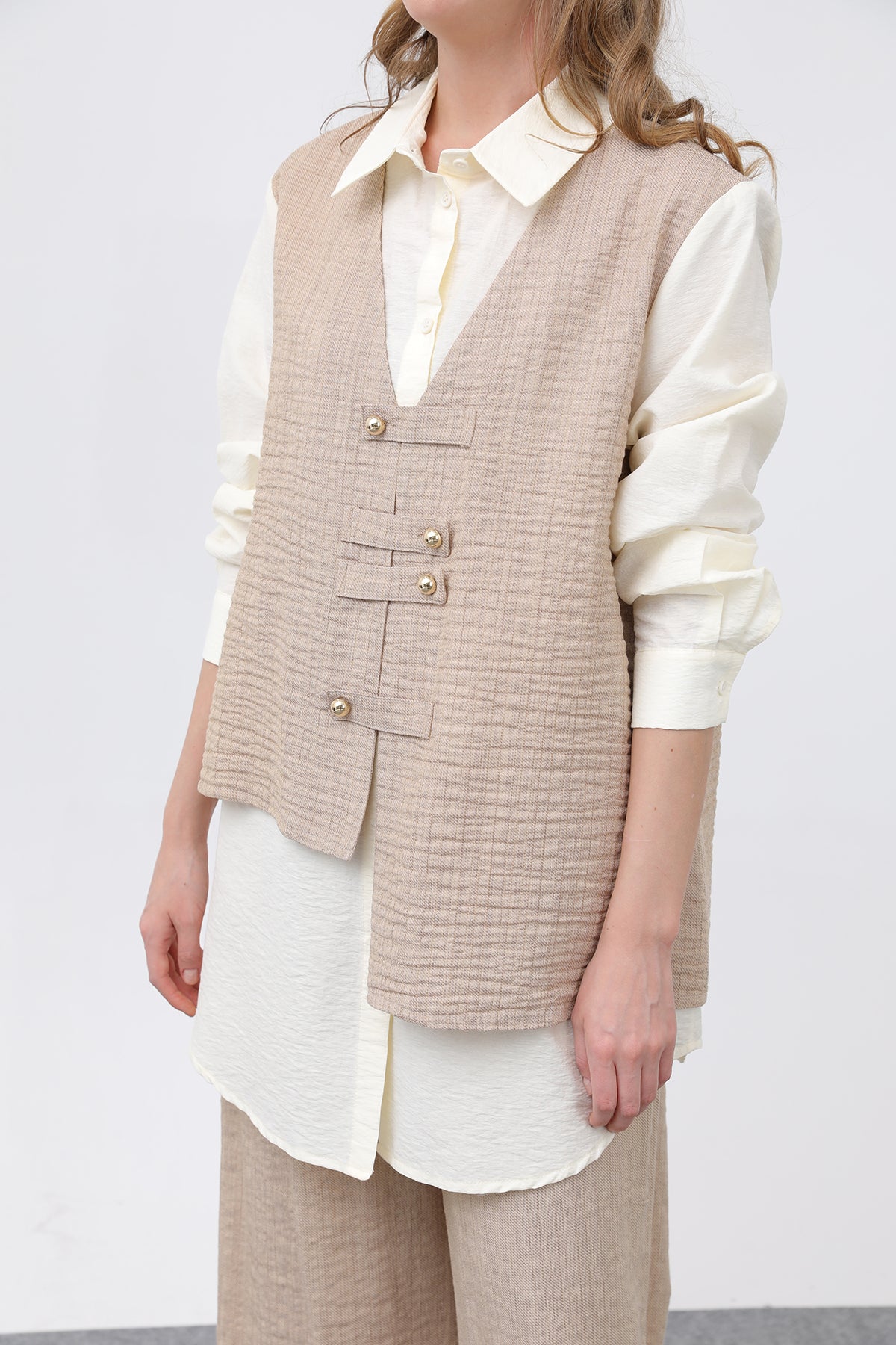 Kadın Önü Yelek Görünümlü Apoletli Pantolon Takım - 14327TKS CAMEL-BEIGE