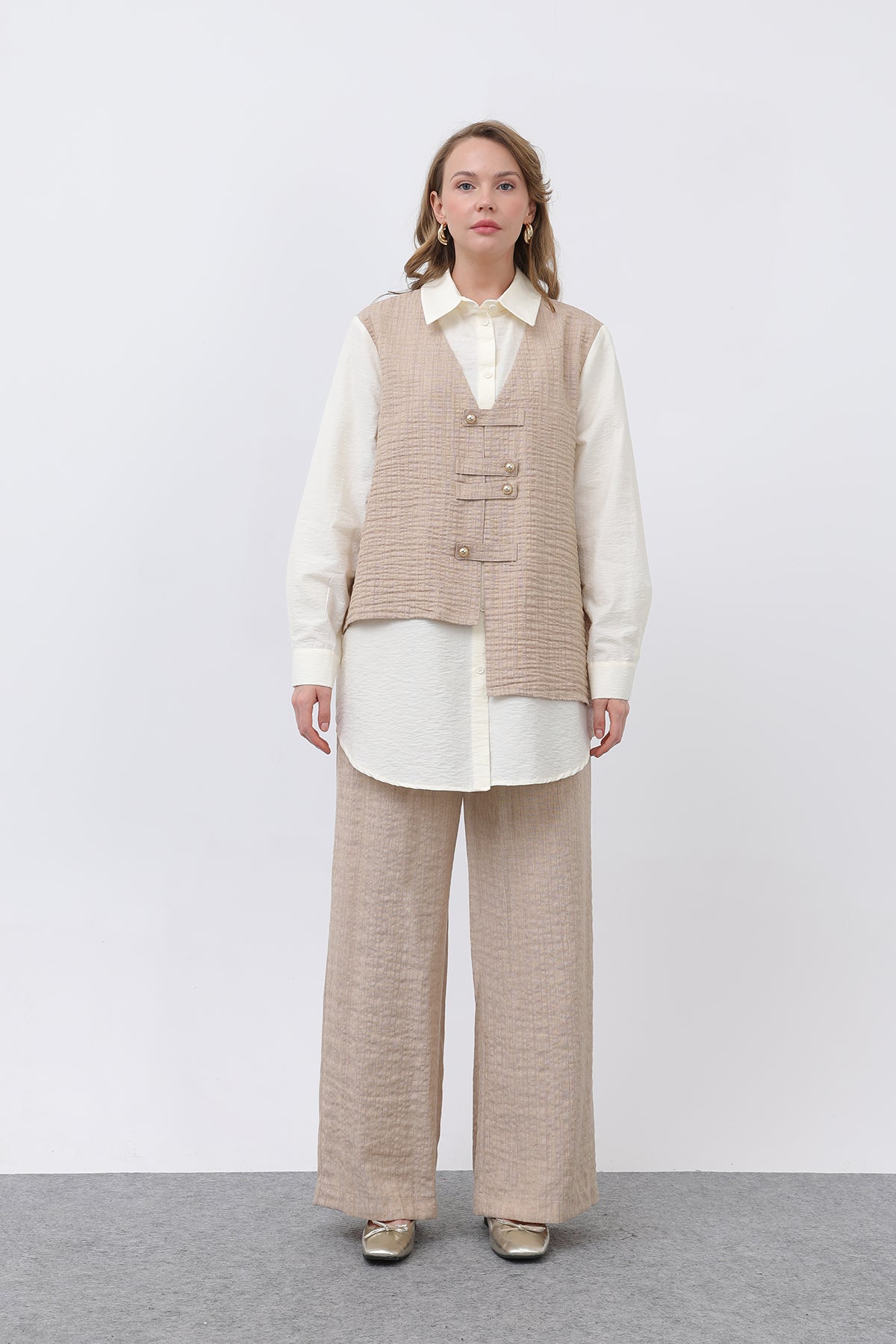 Kadın Önü Yelek Görünümlü Apoletli Pantolon Takım - 14327TKS CAMEL-BEIGE