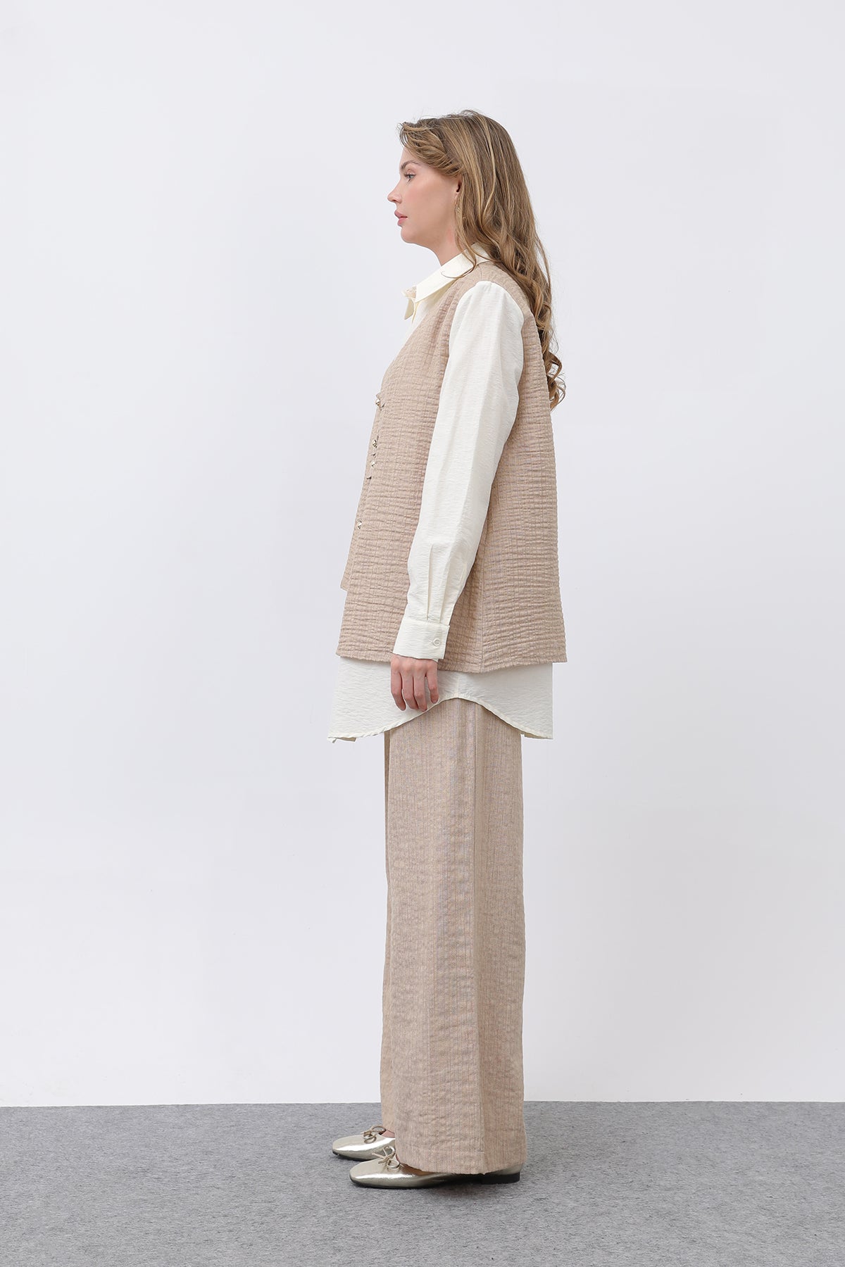 Kadın Önü Yelek Görünümlü Apoletli Pantolon Takım - 14327TKS CAMEL-BEIGE