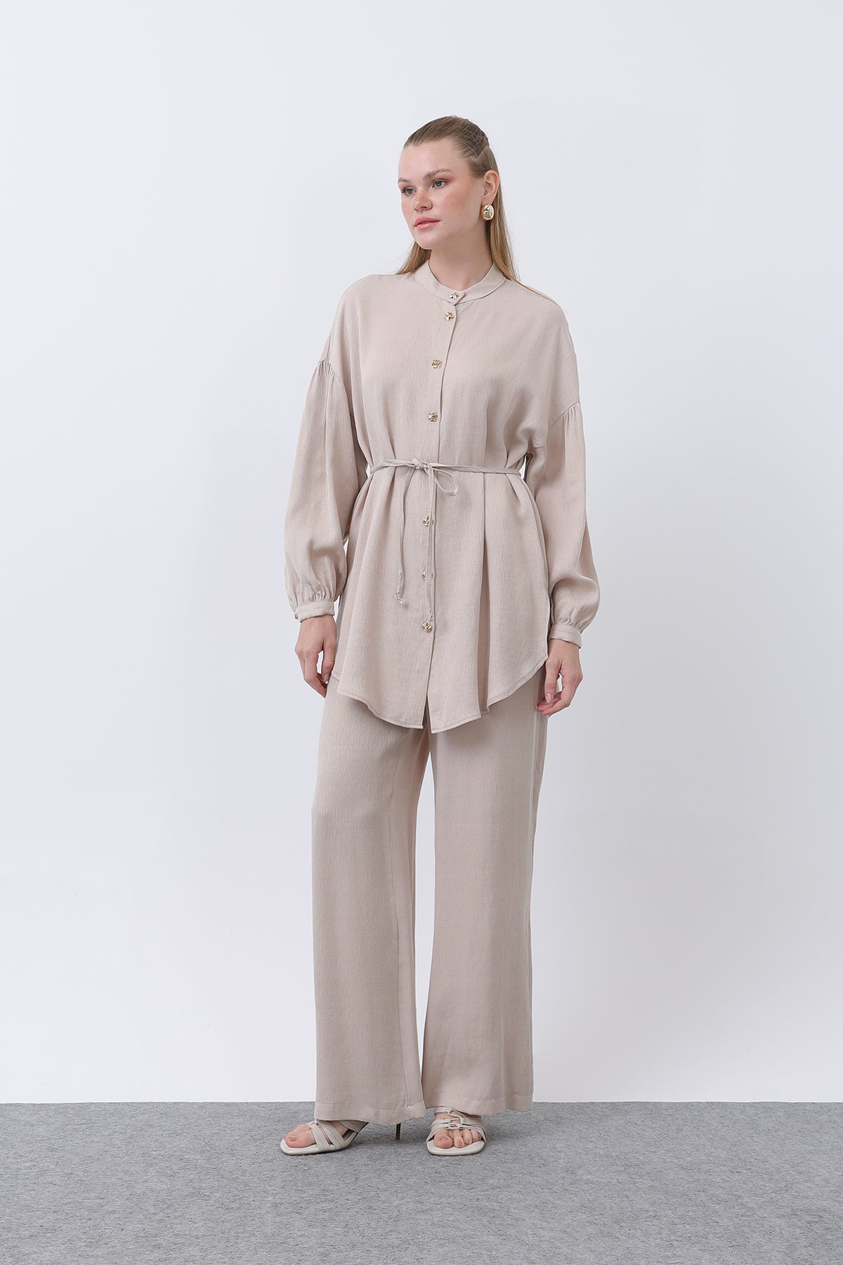 Kadın Düğme Detaylı Hakim Yaka Tunik Takım - 14329TKS BEIGE