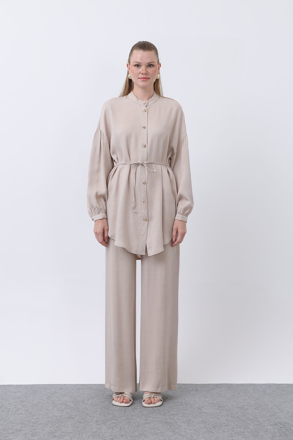 Kadın Düğme Detaylı Hakim Yaka Tunik Takım - 14329TKS BEIGE