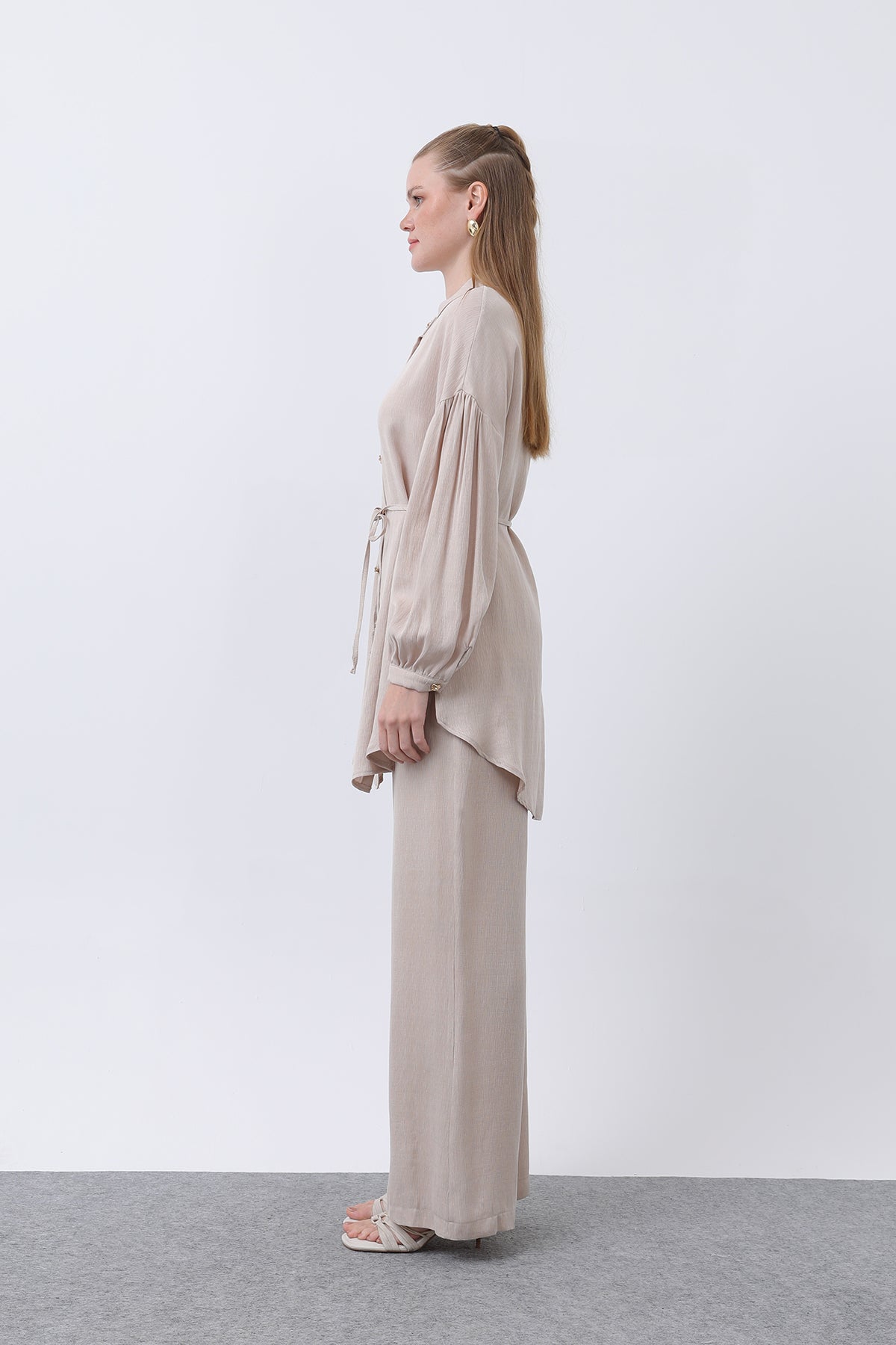 Kadın Düğme Detaylı Hakim Yaka Tunik Takım - 14329TKS BEIGE