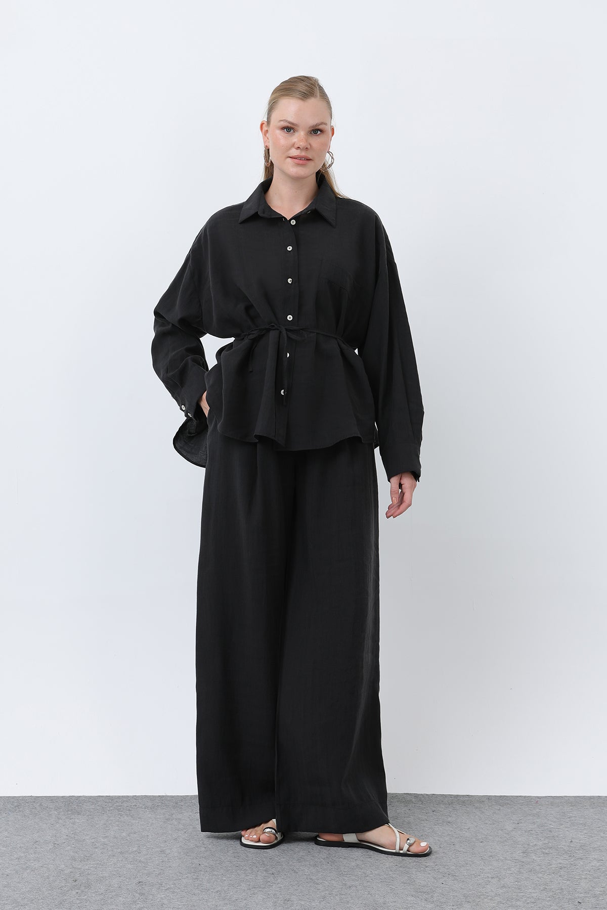 Kadın Arkası Biye Detaylı Pantolonlu Takım - 14335TKS BLACK