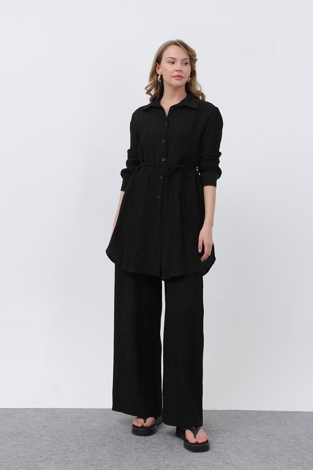 Kadın Beli Kuşaklı Pantolonlu Takım - 14336TKS BLACK