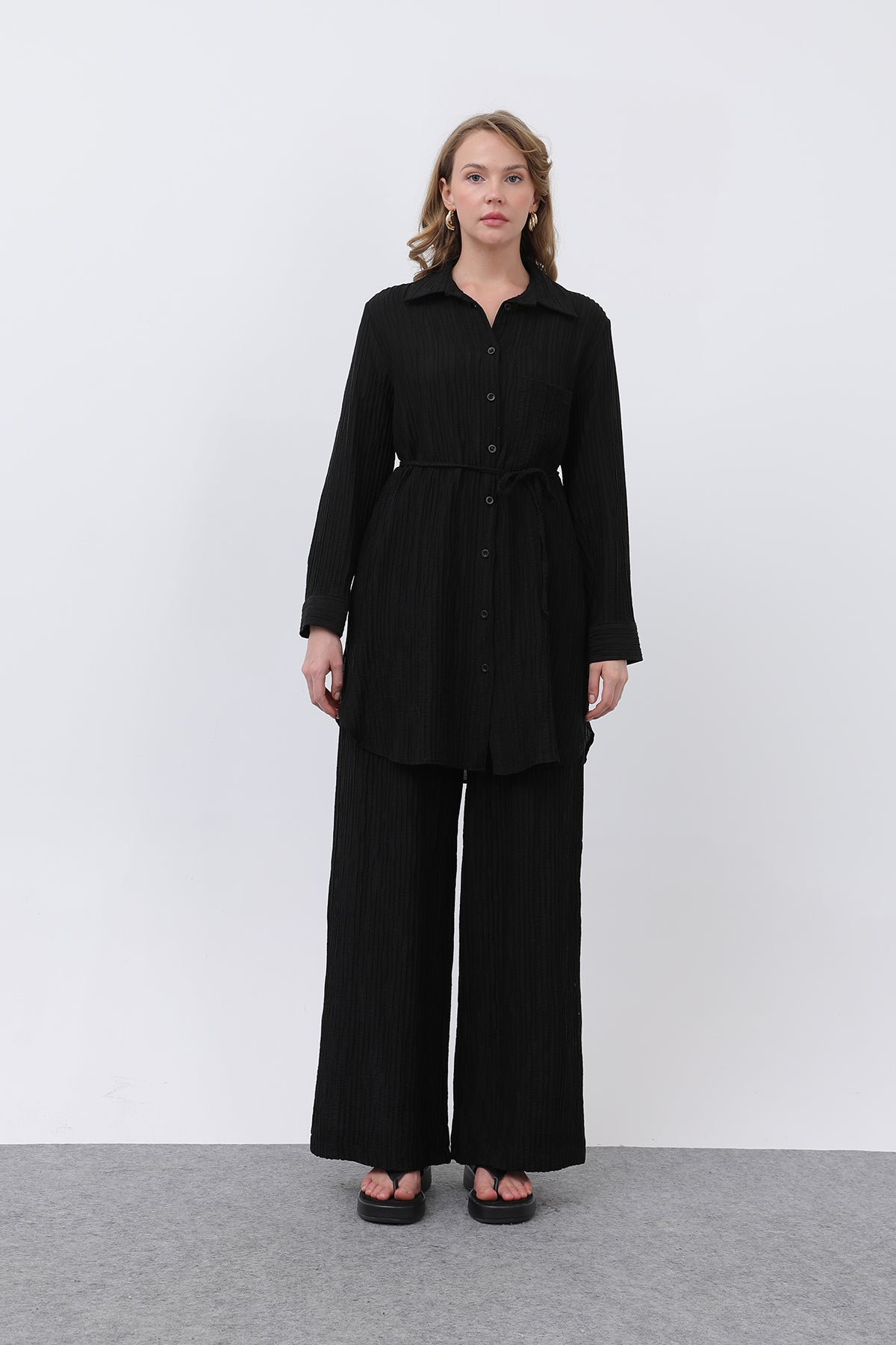 Kadın Beli Kuşaklı Pantolonlu Takım - 14336TKS BLACK