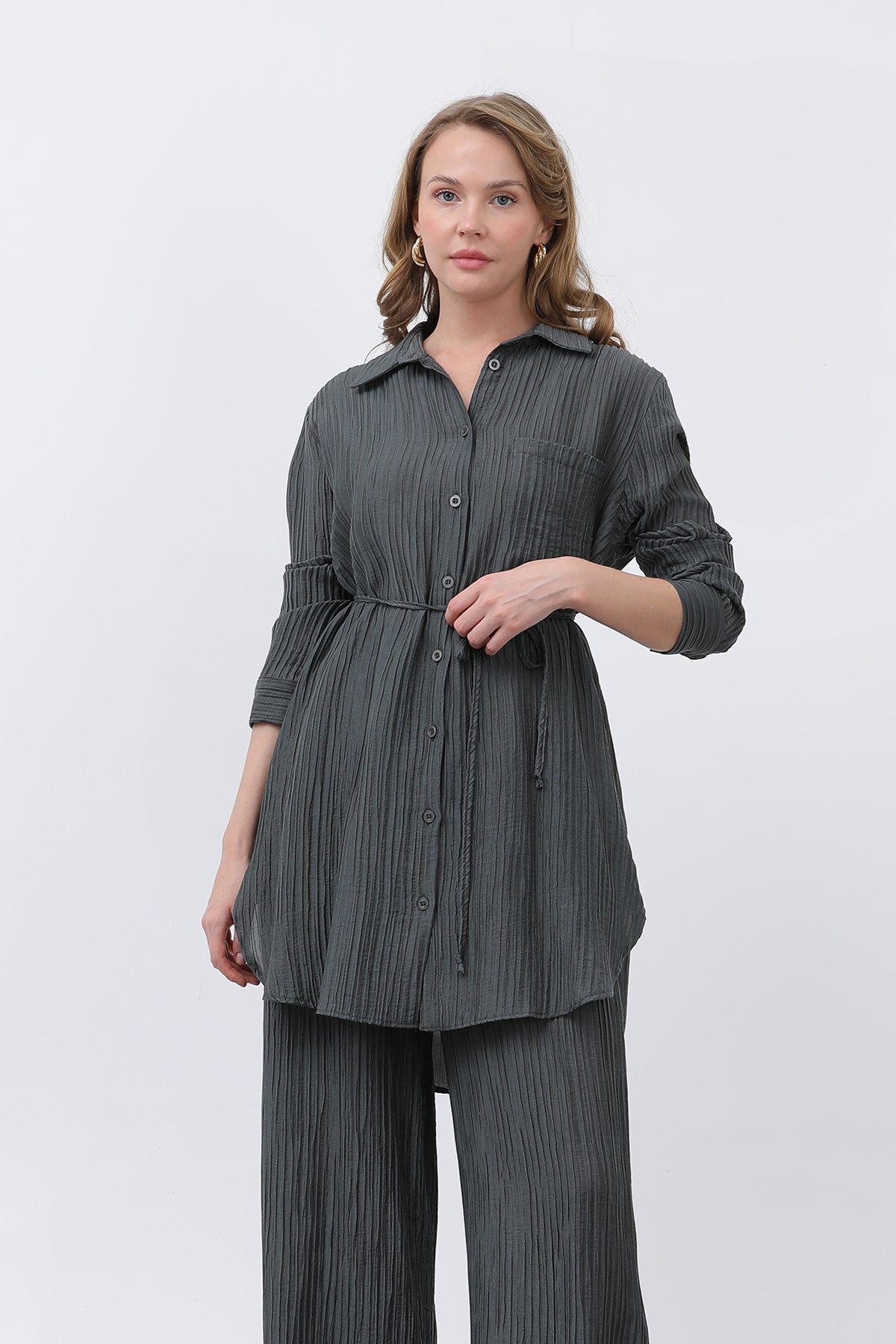 Kadın Beli Kuşaklı Pantolonlu Takım - 14336TKS ANTRACITE