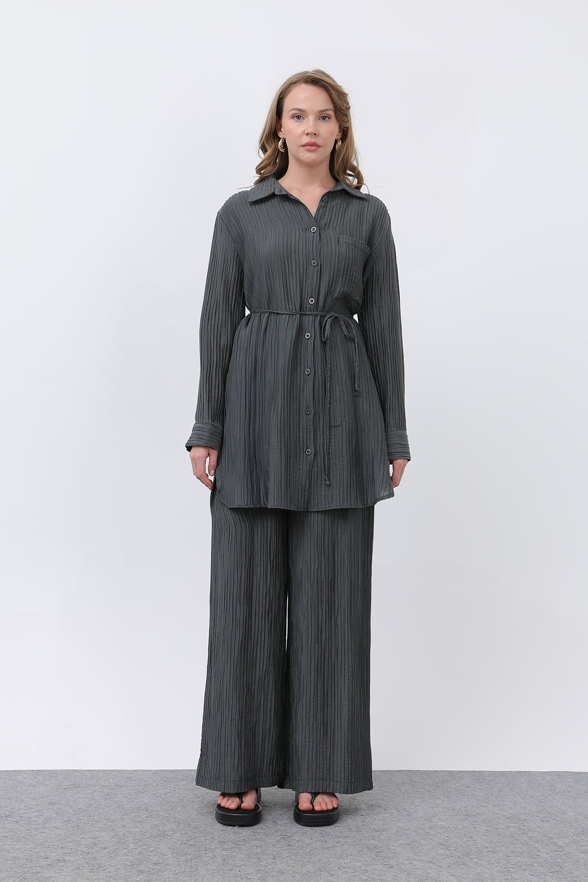 Kadın Beli Kuşaklı Pantolonlu Takım - 14336TKS ANTRACITE