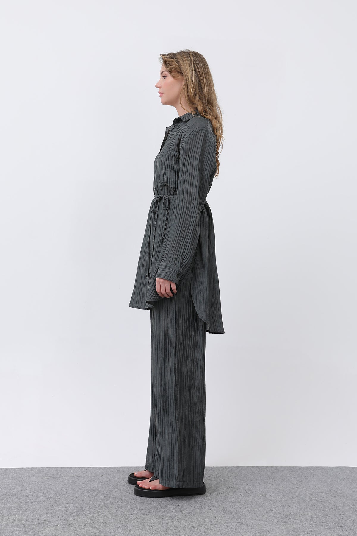 Kadın Beli Kuşaklı Pantolonlu Takım - 14336TKS ANTRACITE