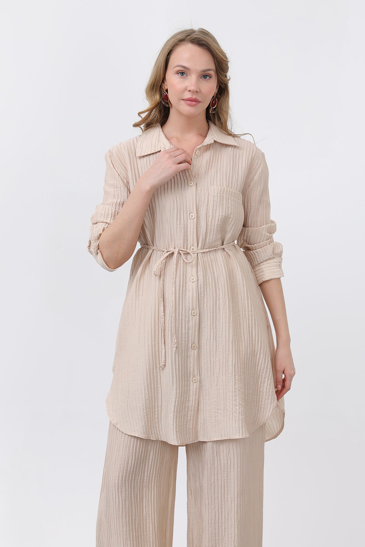 Kadın Beli Kuşaklı Pantolonlu Takım - 14336TKS BEIGE